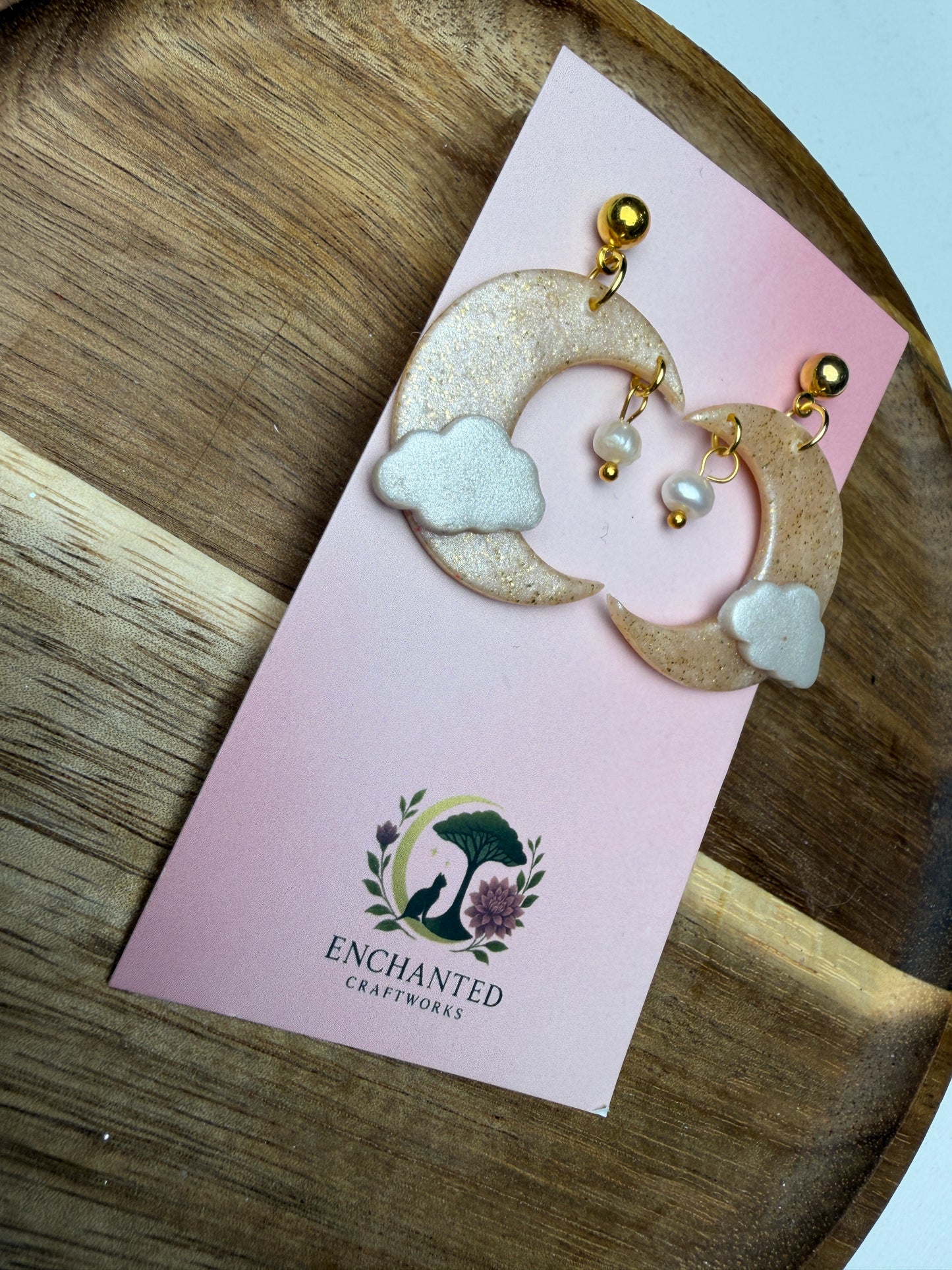 Clouded Moon Dangle Earrings – Handmade Celestial Polymer Clay Art