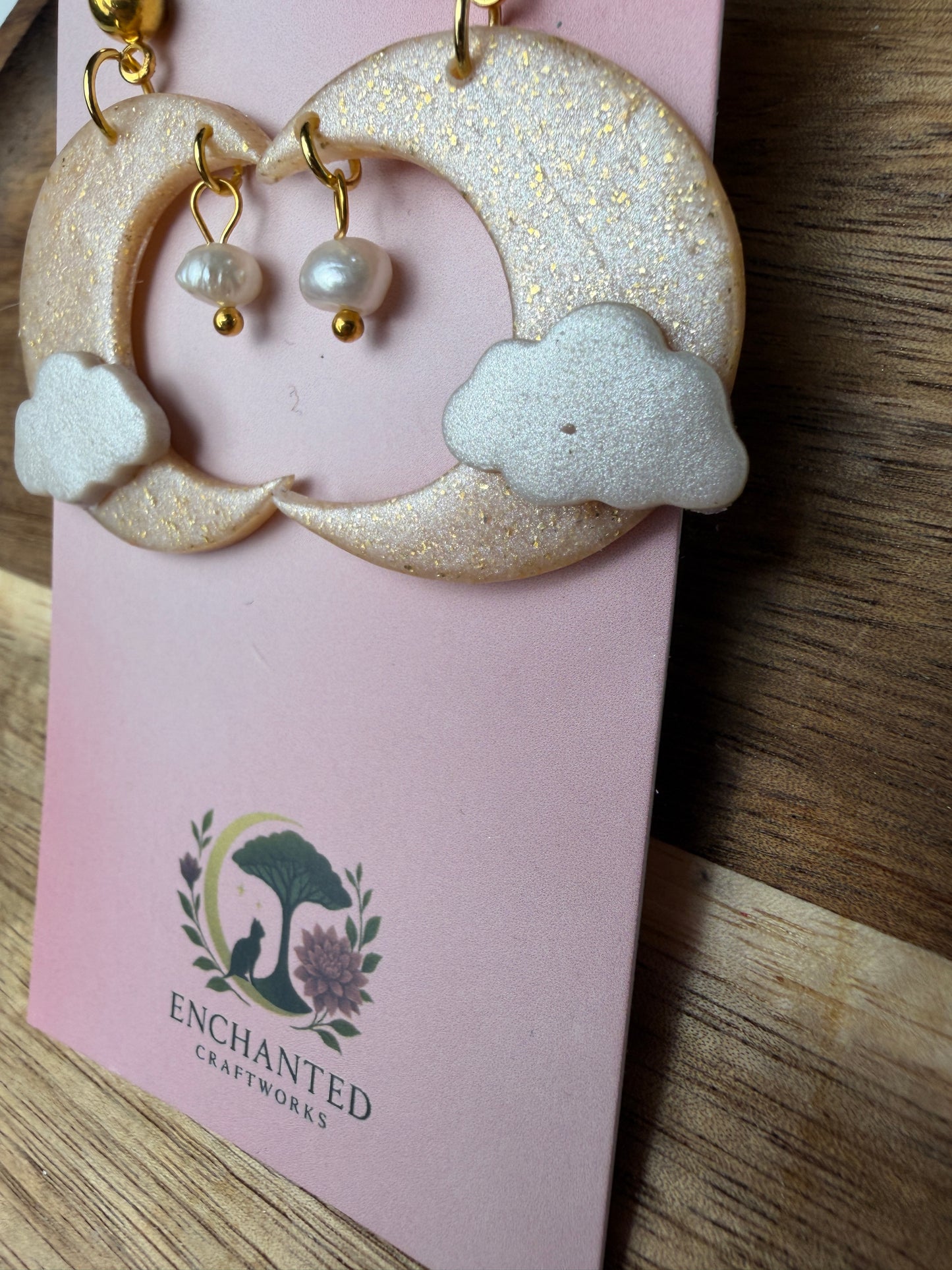 Clouded Moon Dangle Earrings – Handmade Celestial Polymer Clay Art