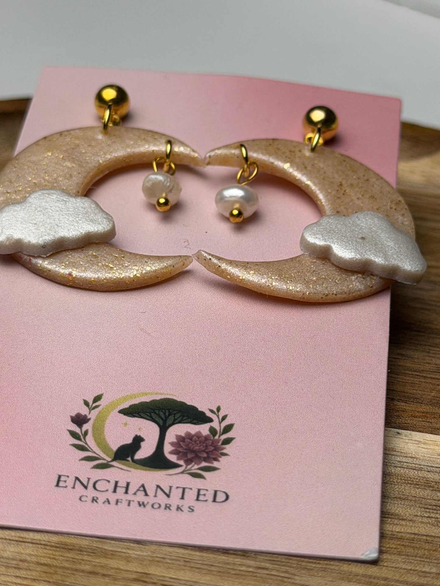 Clouded Moon Dangle Earrings – Handmade Celestial Polymer Clay Art