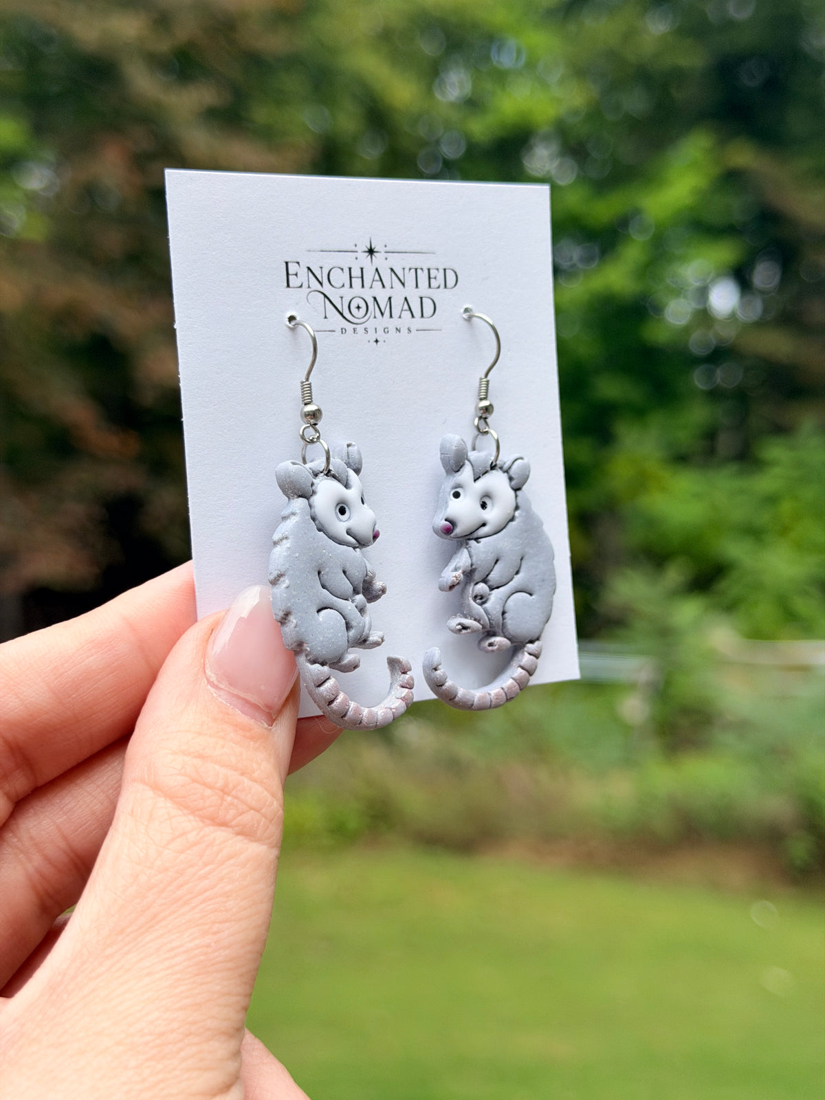 Hand Painted Opossum Earrings, Polymer Clay Dangle Earrings, Cute Possum Jewelry