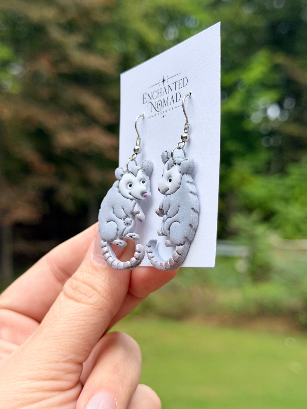 Hand Painted Opossum Earrings, Polymer Clay Dangle Earrings, Cute Possum Jewelry