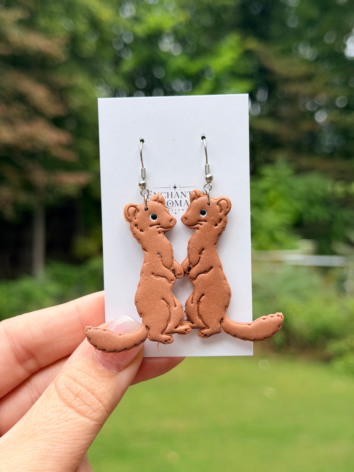 Weasel Earrings, Hand Painted Polymer Clay Animal Dangle Earrings