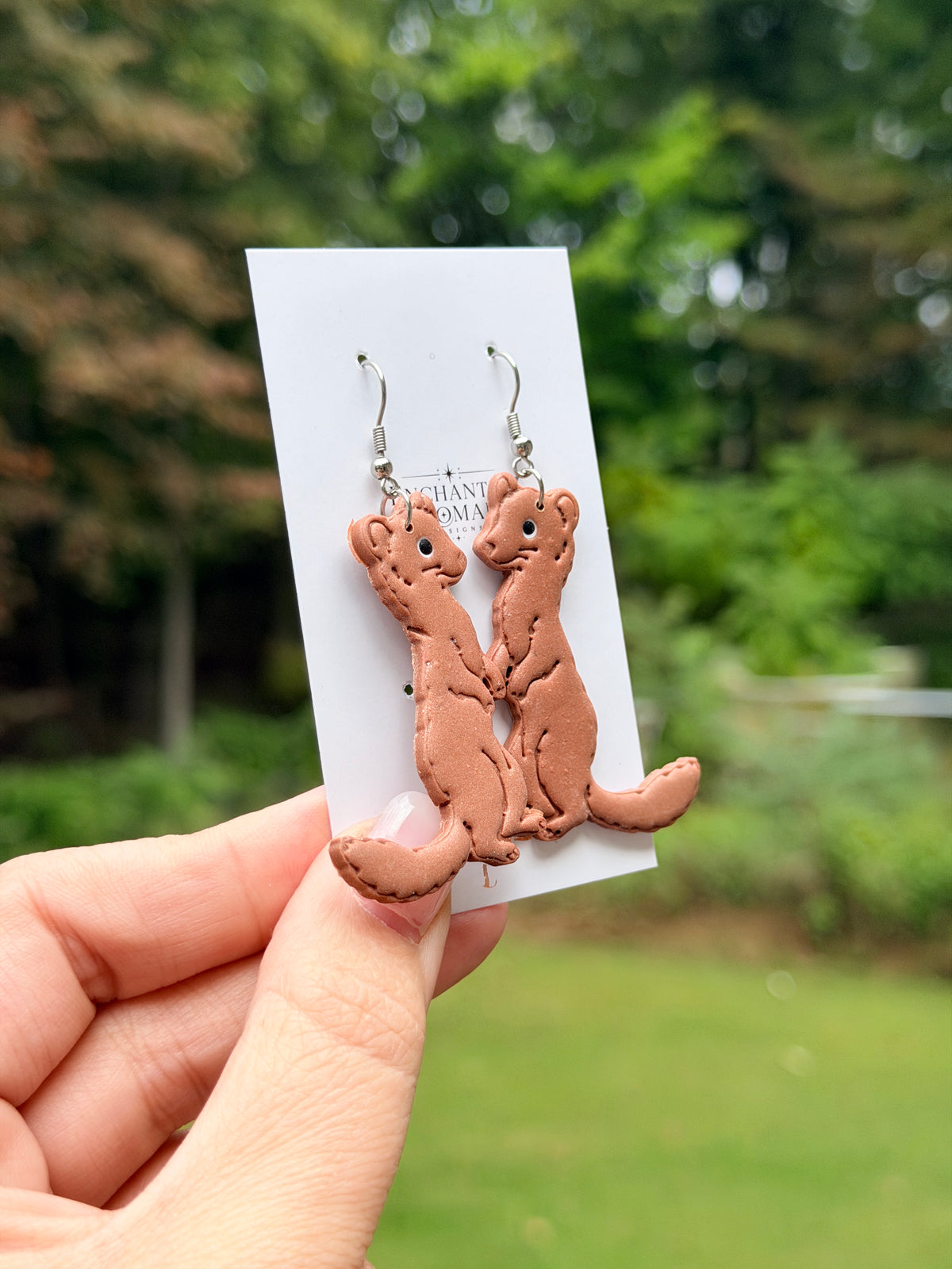 Weasel Earrings, Hand Painted Polymer Clay Animal Dangle Earrings