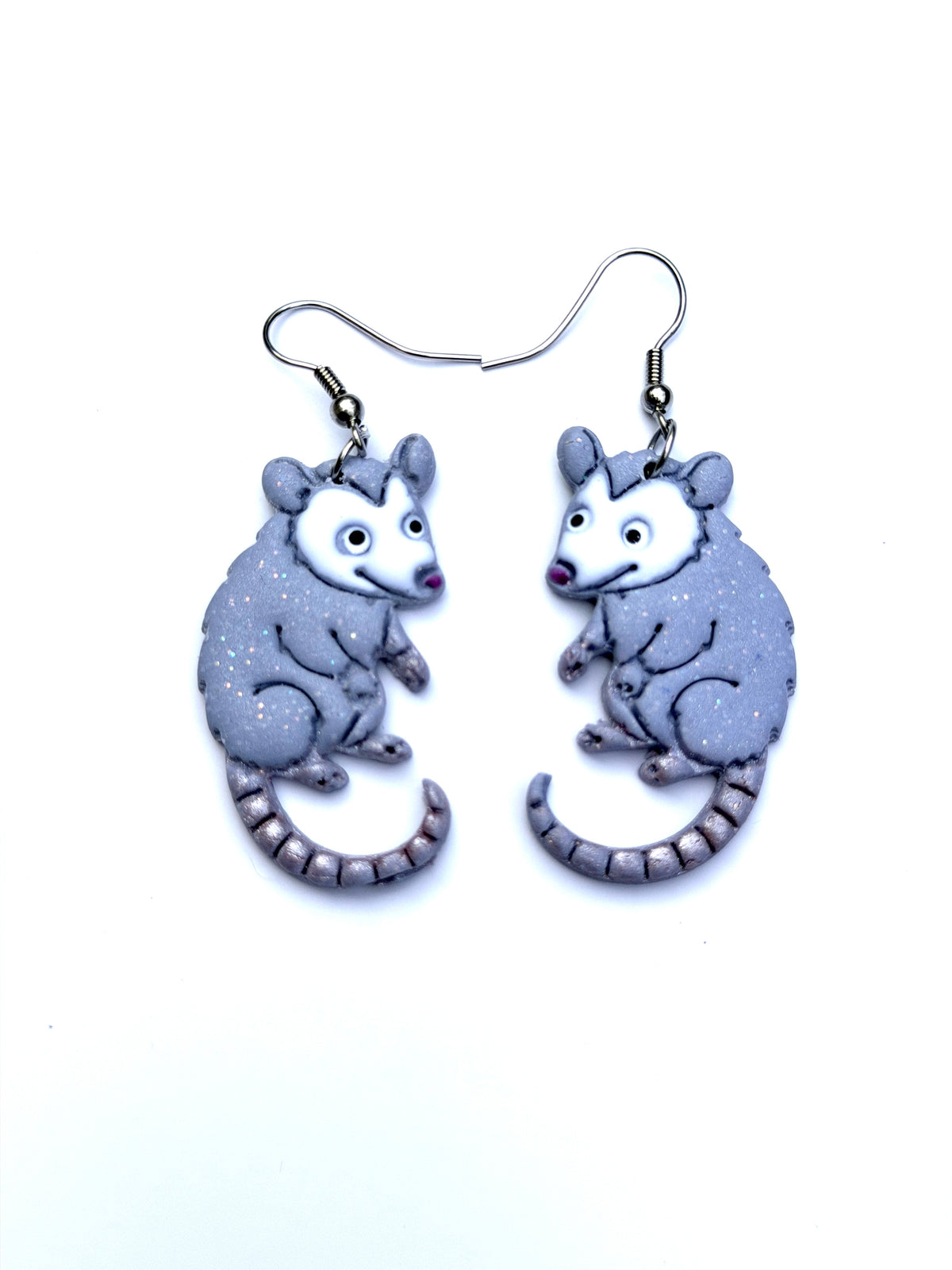 Hand Painted Opossum Earrings, Polymer Clay Dangle Earrings, Cute Possum Jewelry