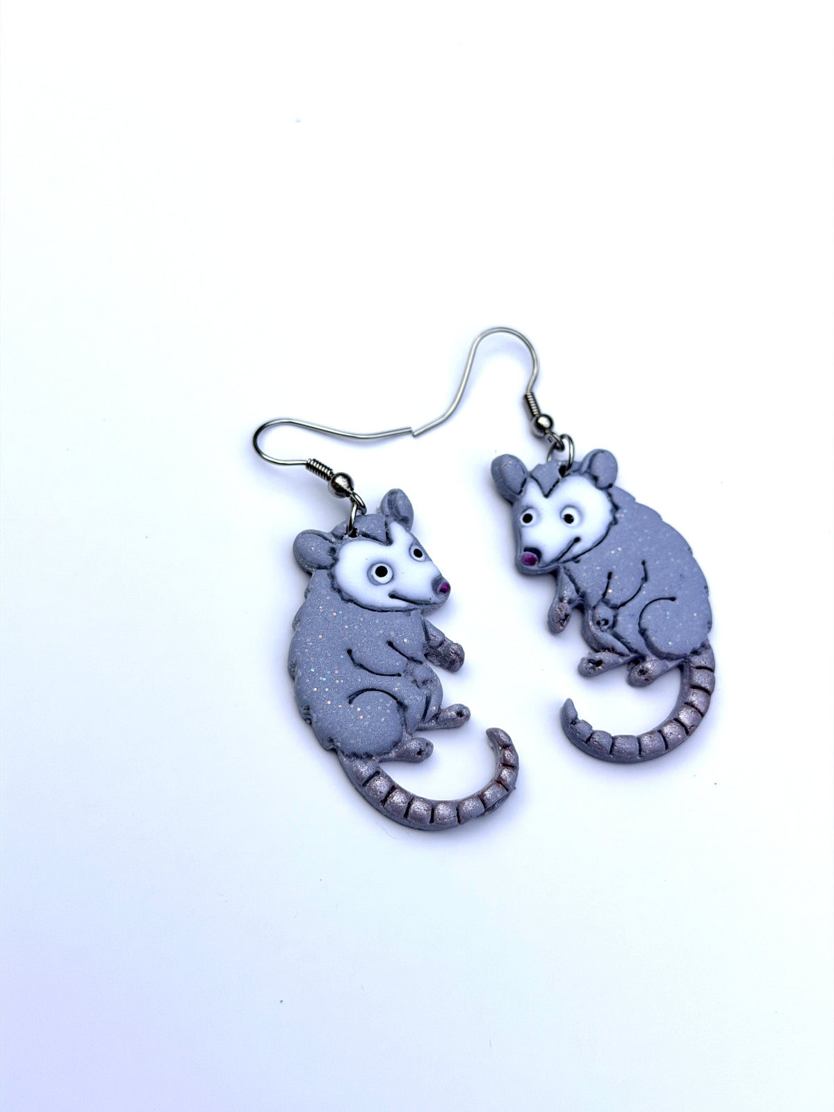 Hand Painted Opossum Earrings, Polymer Clay Dangle Earrings, Cute Possum Jewelry