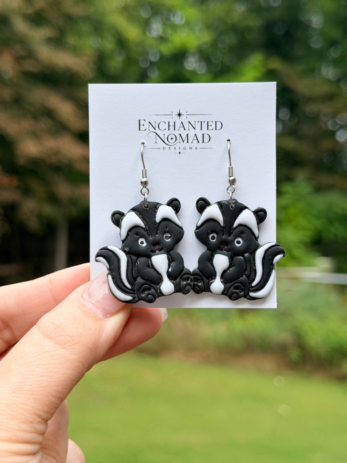 Skunk Earrings, Hand Painted Polymer Clay Dangle Earrings, Cute Woodland Jewelry