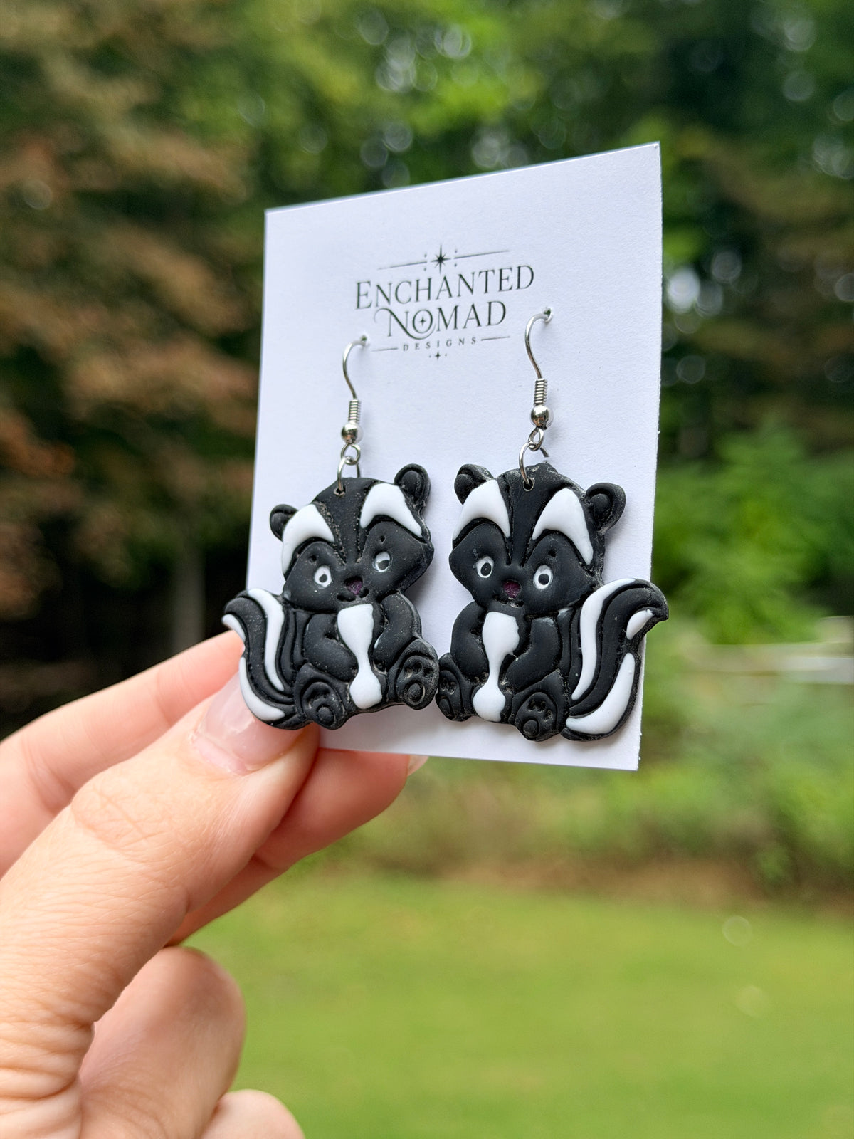 Skunk Earrings, Hand Painted Polymer Clay Dangle Earrings, Cute Woodland Jewelry