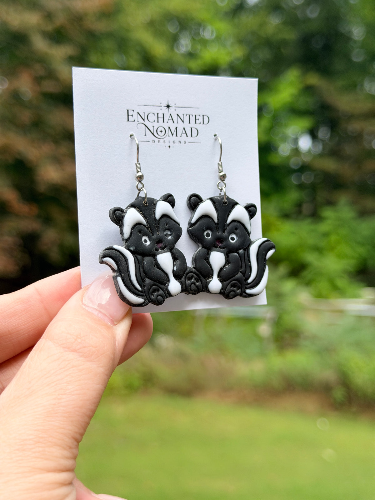 Skunk Earrings, Hand Painted Polymer Clay Dangle Earrings, Cute Woodland Jewelry