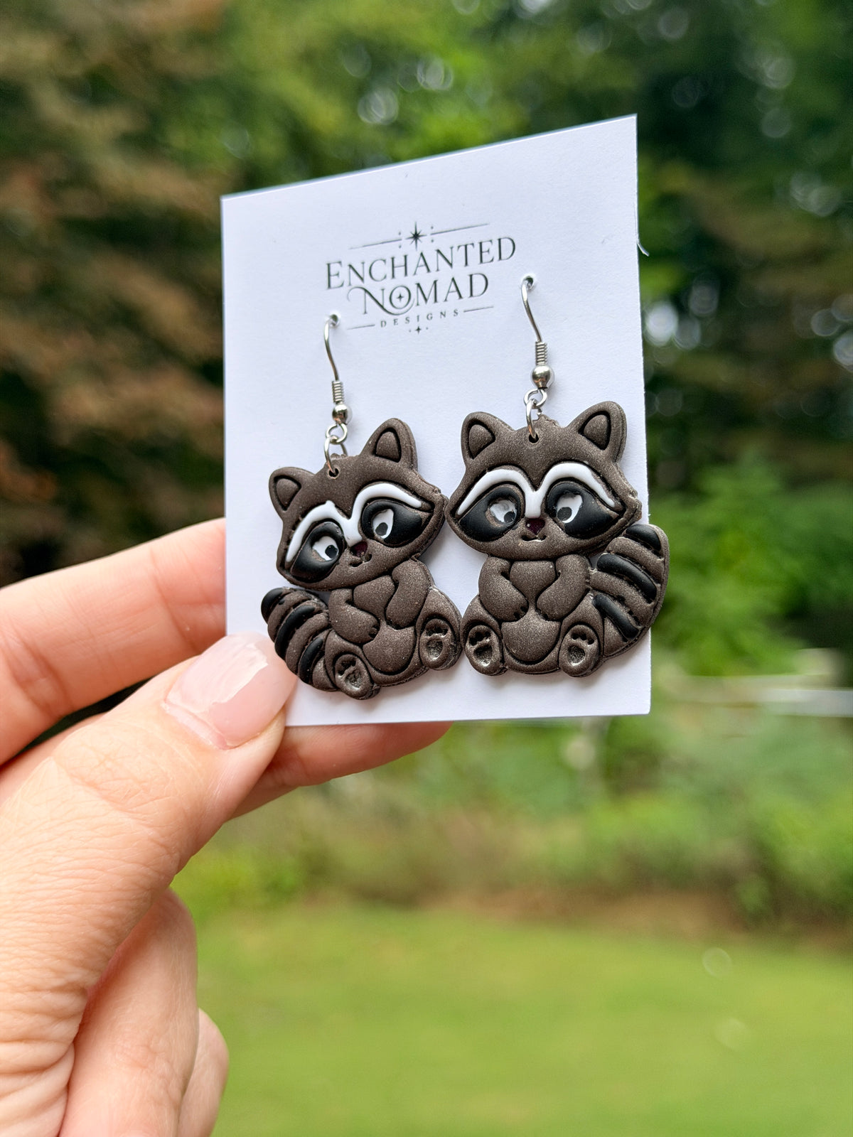 Raccoon Earrings, Hand Painted Polymer Clay Dangle Earrings, Cute Woodland Jewelry