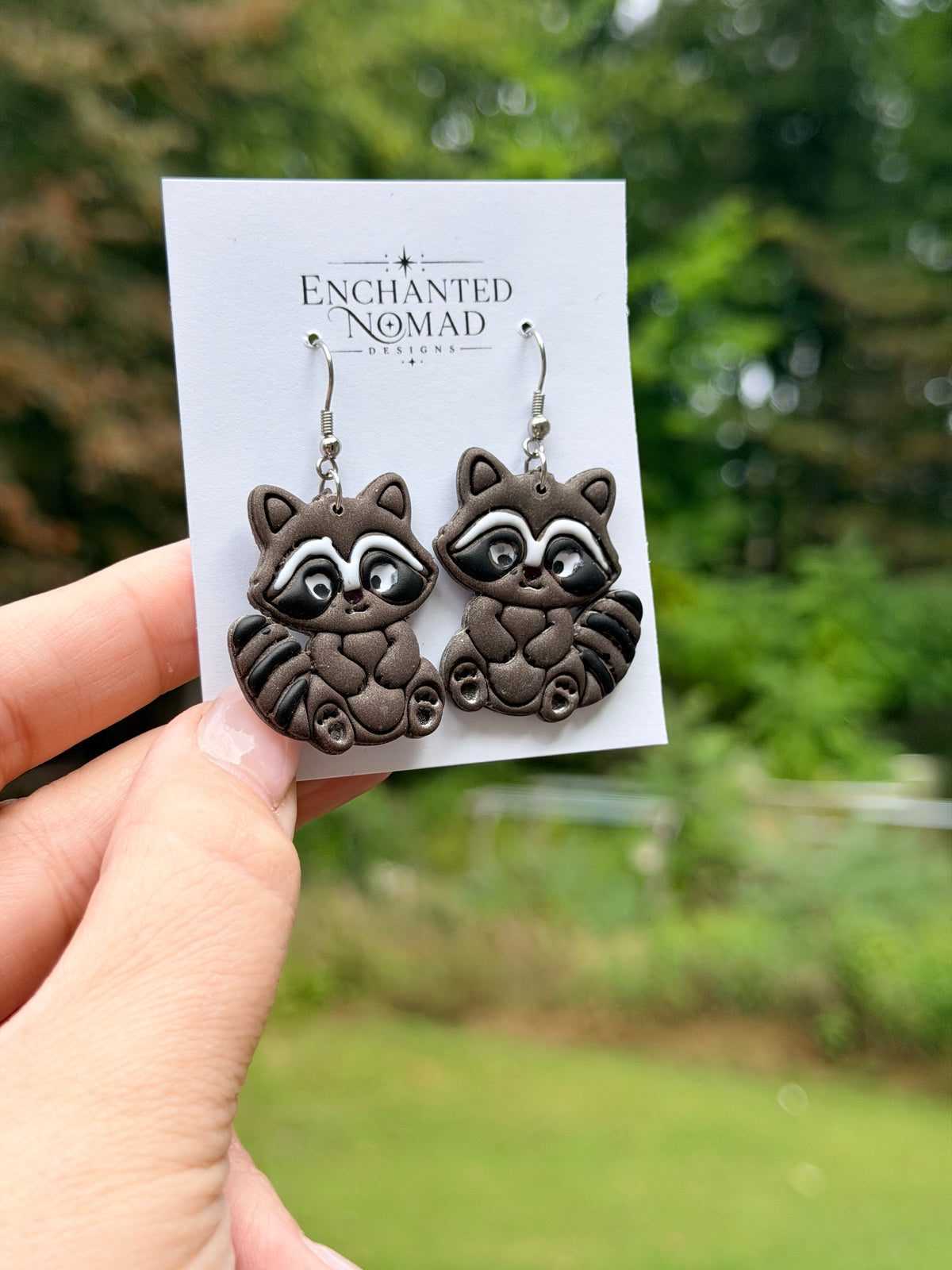 Raccoon Earrings, Hand Painted Polymer Clay Dangle Earrings, Cute Woodland Jewelry