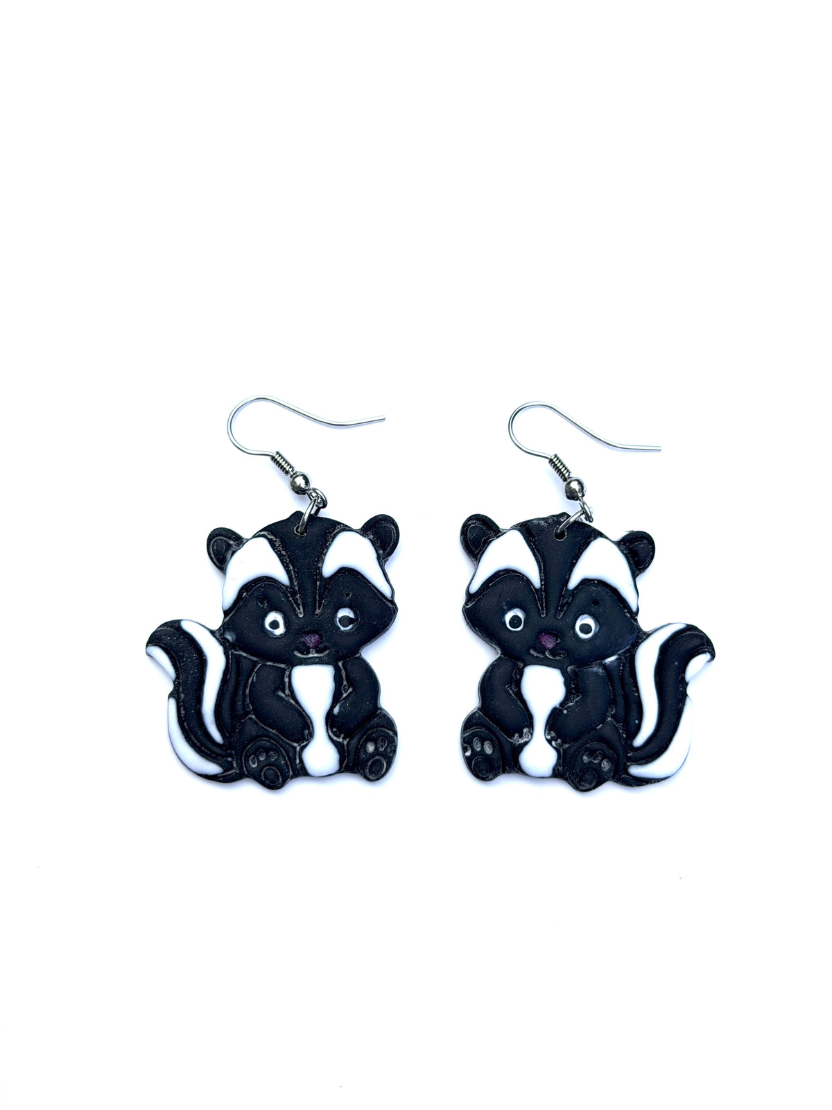 Skunk Earrings, Hand Painted Polymer Clay Dangle Earrings, Cute Woodland Jewelry