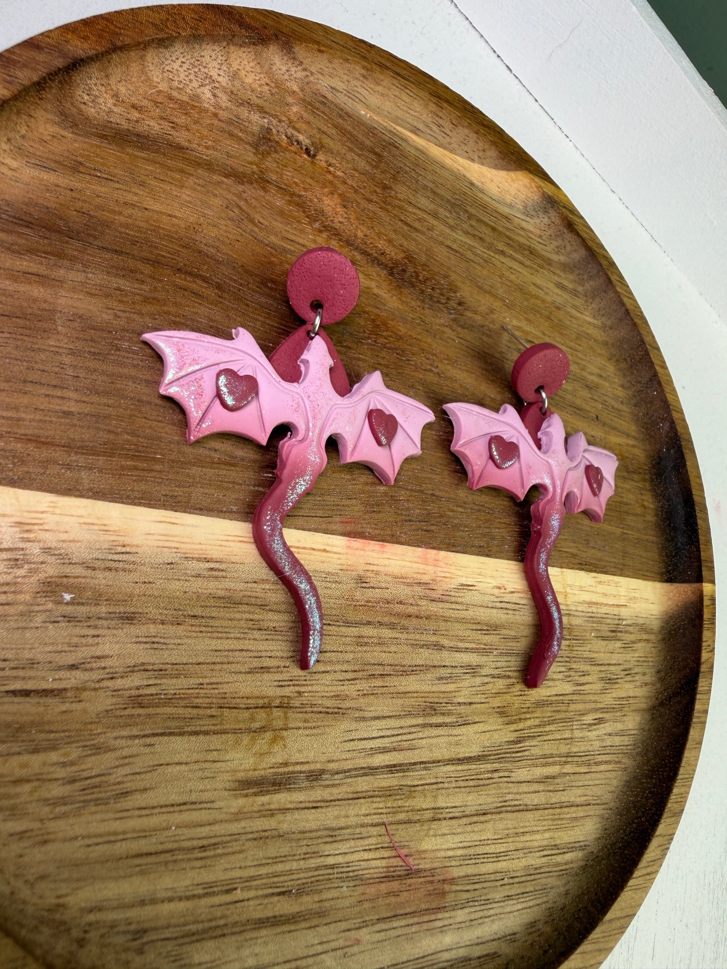 Blushing Dragon Heart Dangle Polymer Clay Earrings