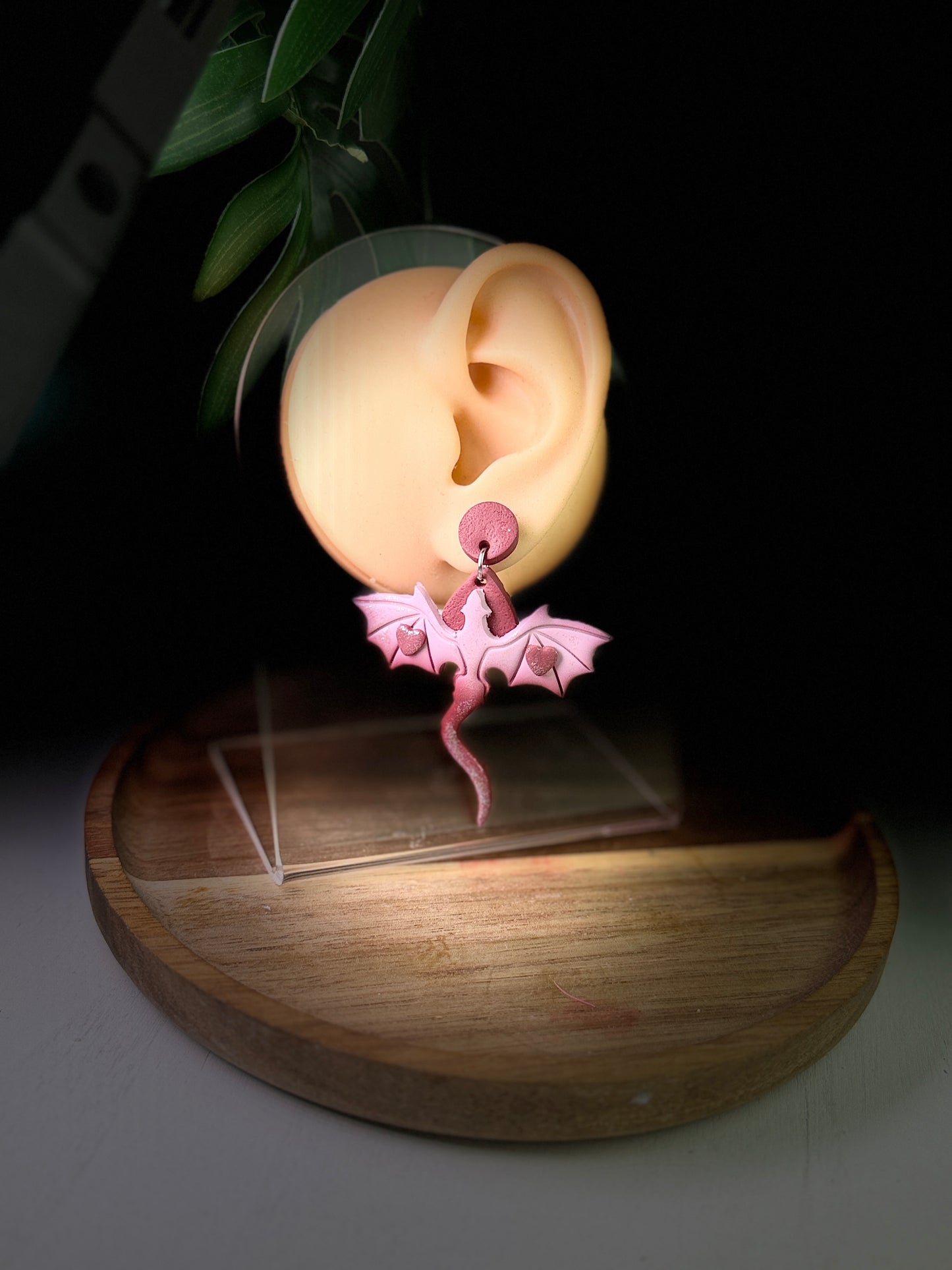 Blushing Dragon Heart Dangle Polymer Clay Earrings