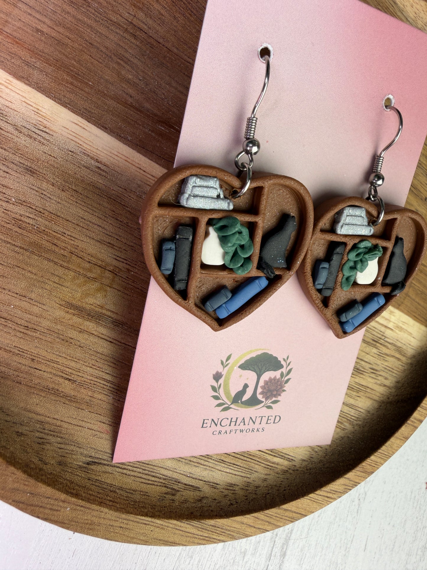 Cat Book Lover Heart Polymer Clay Dangle Earrings