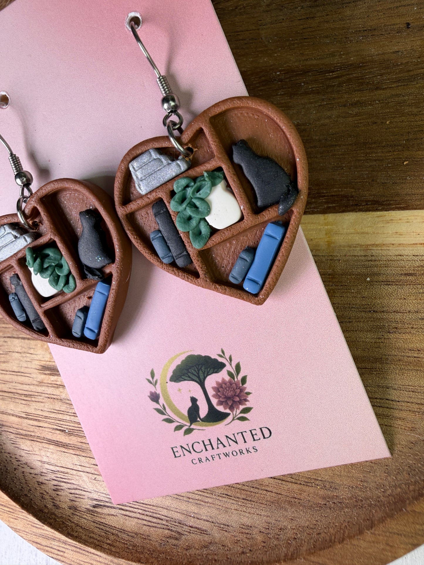 Cat Book Lover Heart Polymer Clay Dangle Earrings