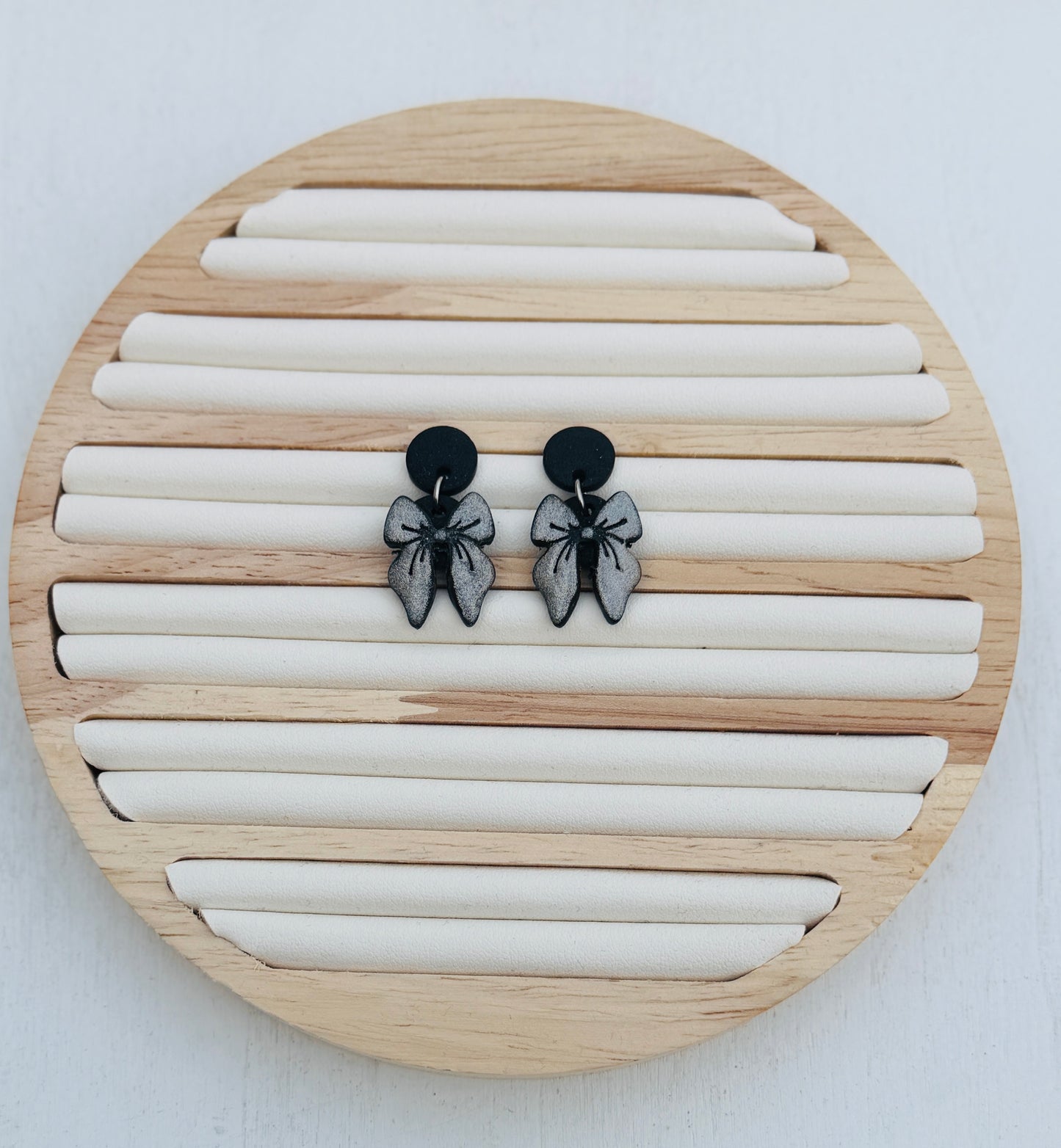 Midnight Bow Polymer Clay Dangle Earrings