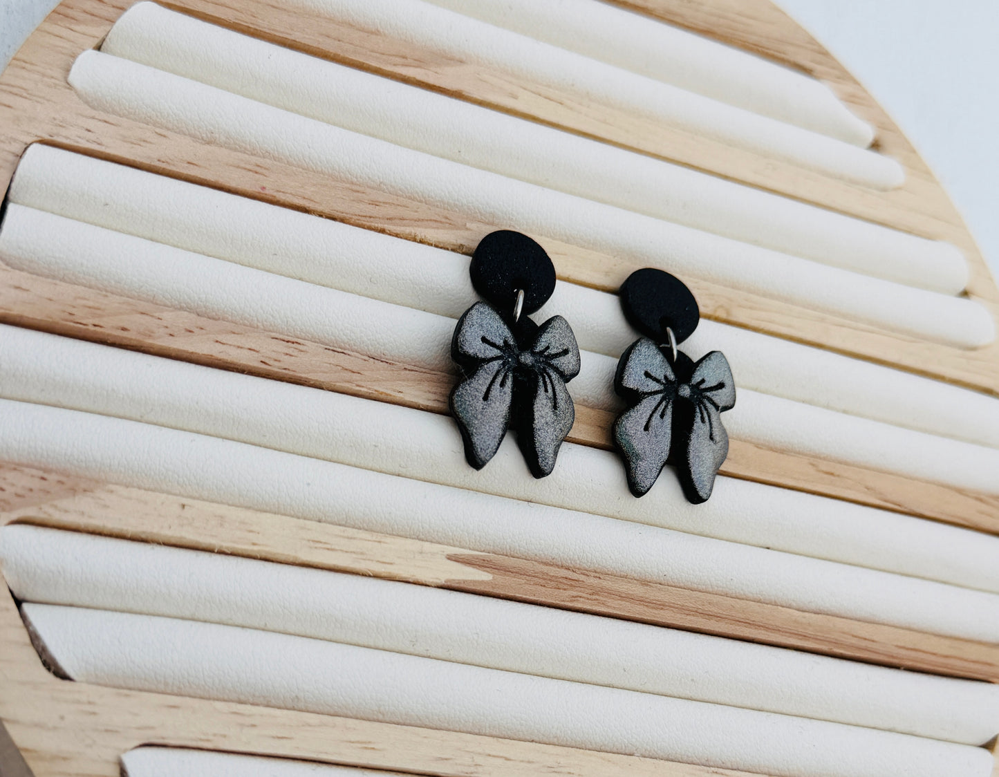 Midnight Bow Polymer Clay Dangle Earrings