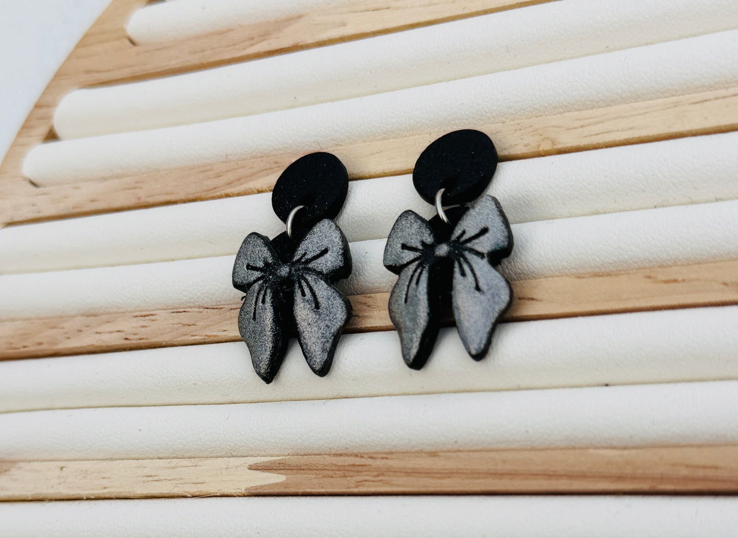 Midnight Bow Polymer Clay Dangle Earrings