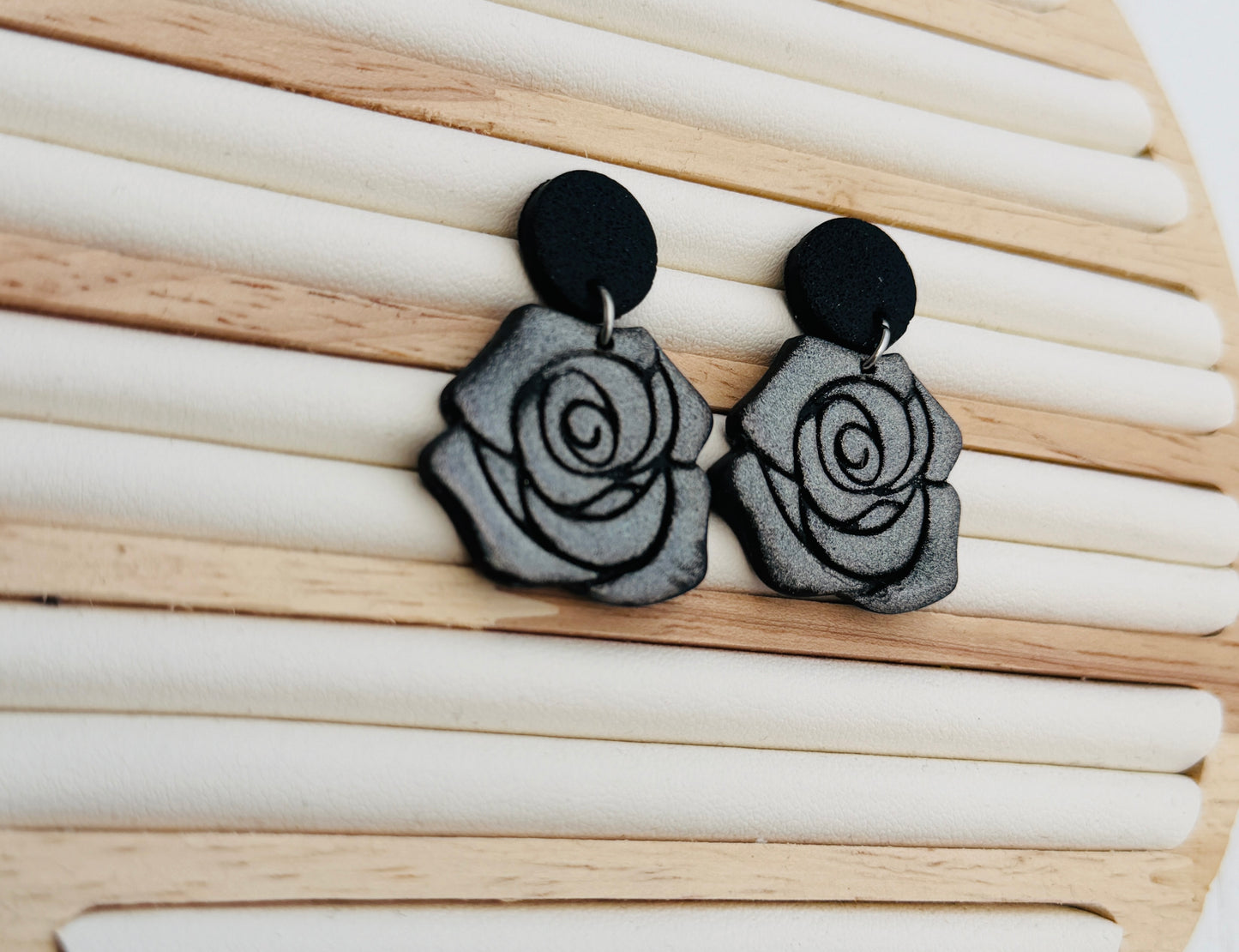 Midnight Rose Polymer Clay Dangle Earrings