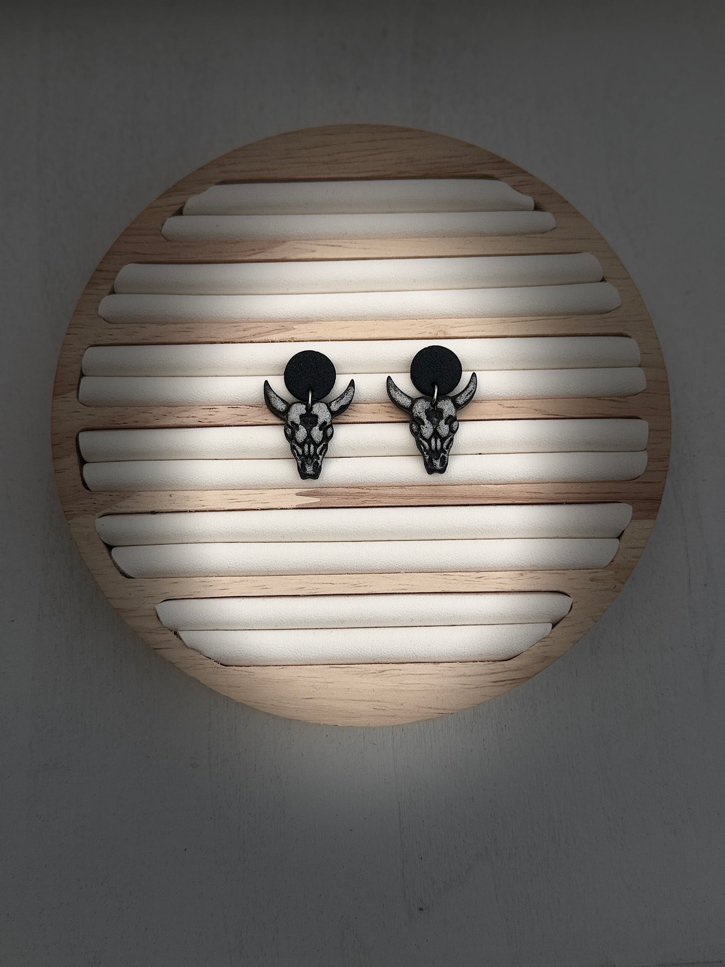 Midnight Steer Skull Polymer Clay Dangle Earrings