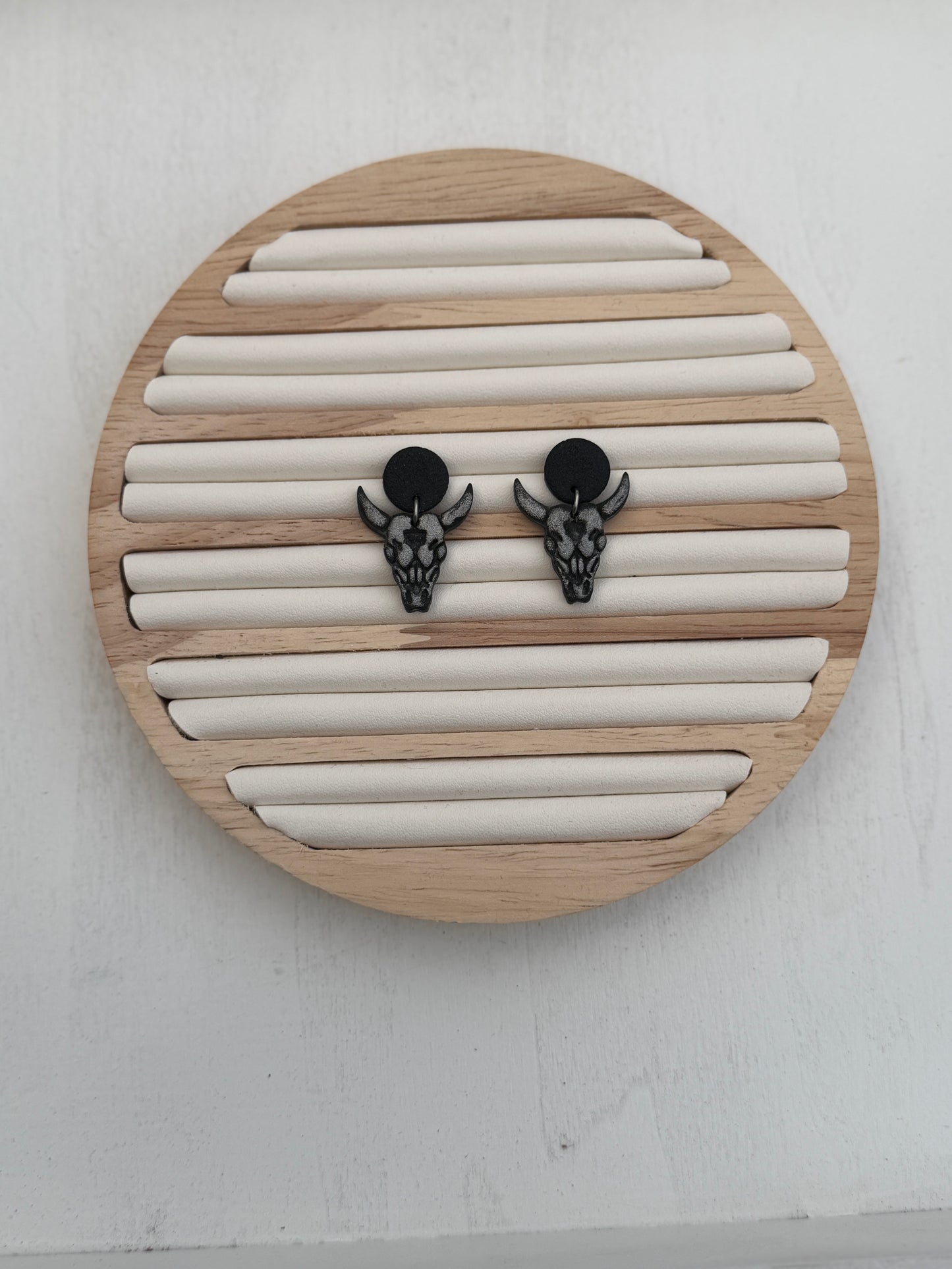 Midnight Steer Skull Polymer Clay Dangle Earrings