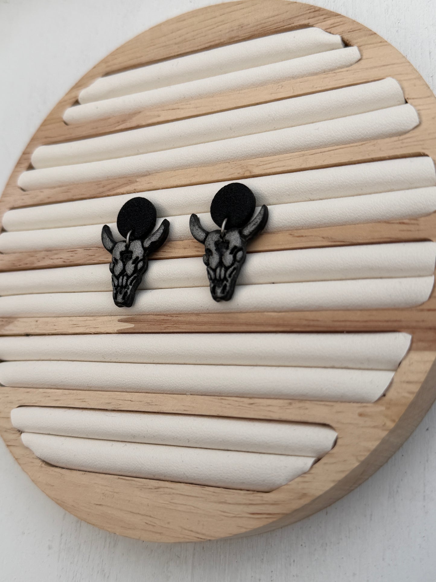 Midnight Steer Skull Polymer Clay Dangle Earrings