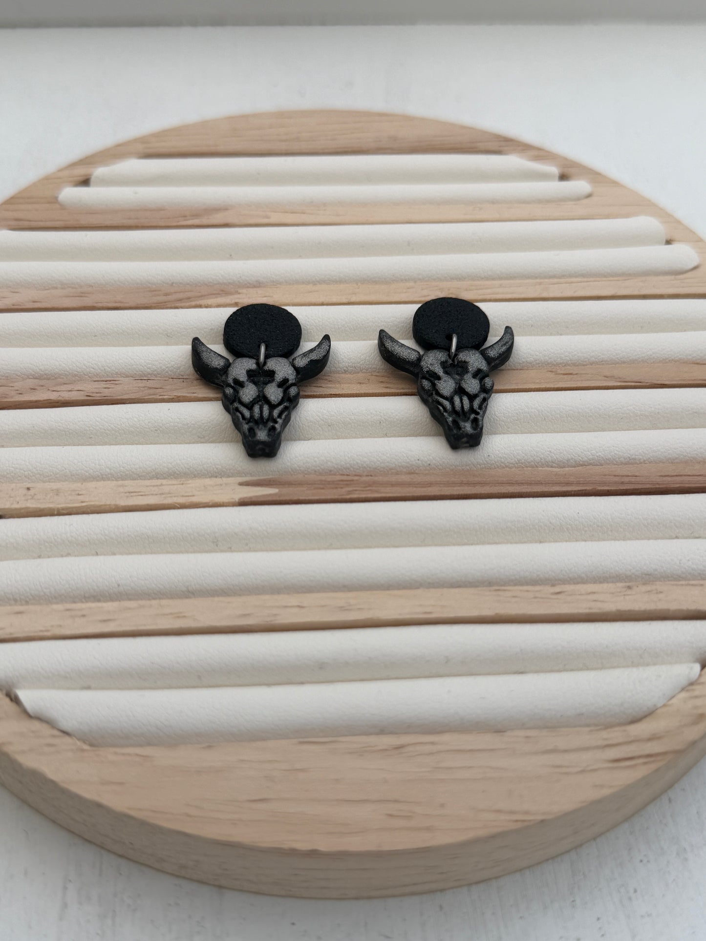 Midnight Steer Skull Polymer Clay Dangle Earrings