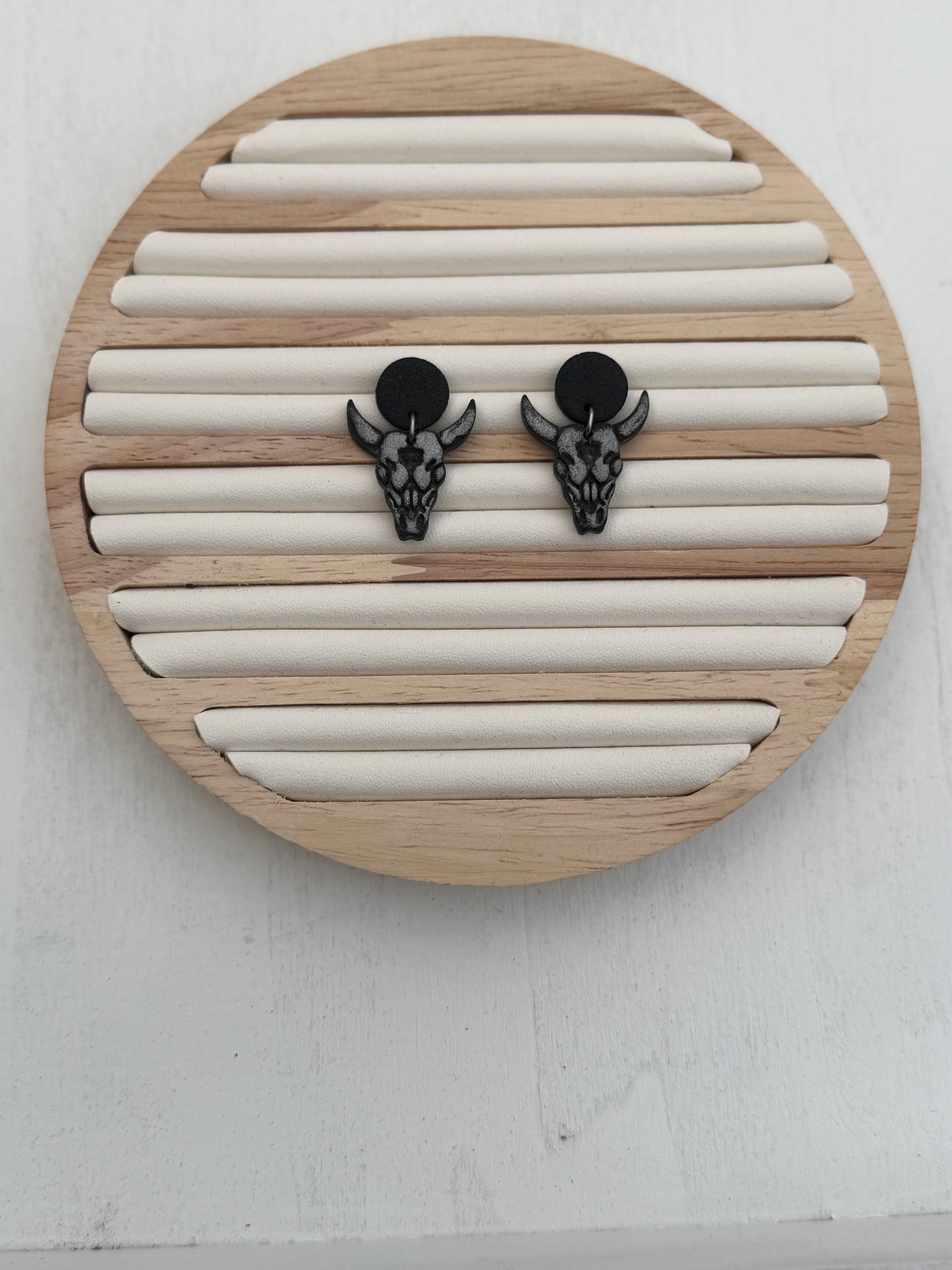 Midnight Steer Skull Polymer Clay Dangle Earrings
