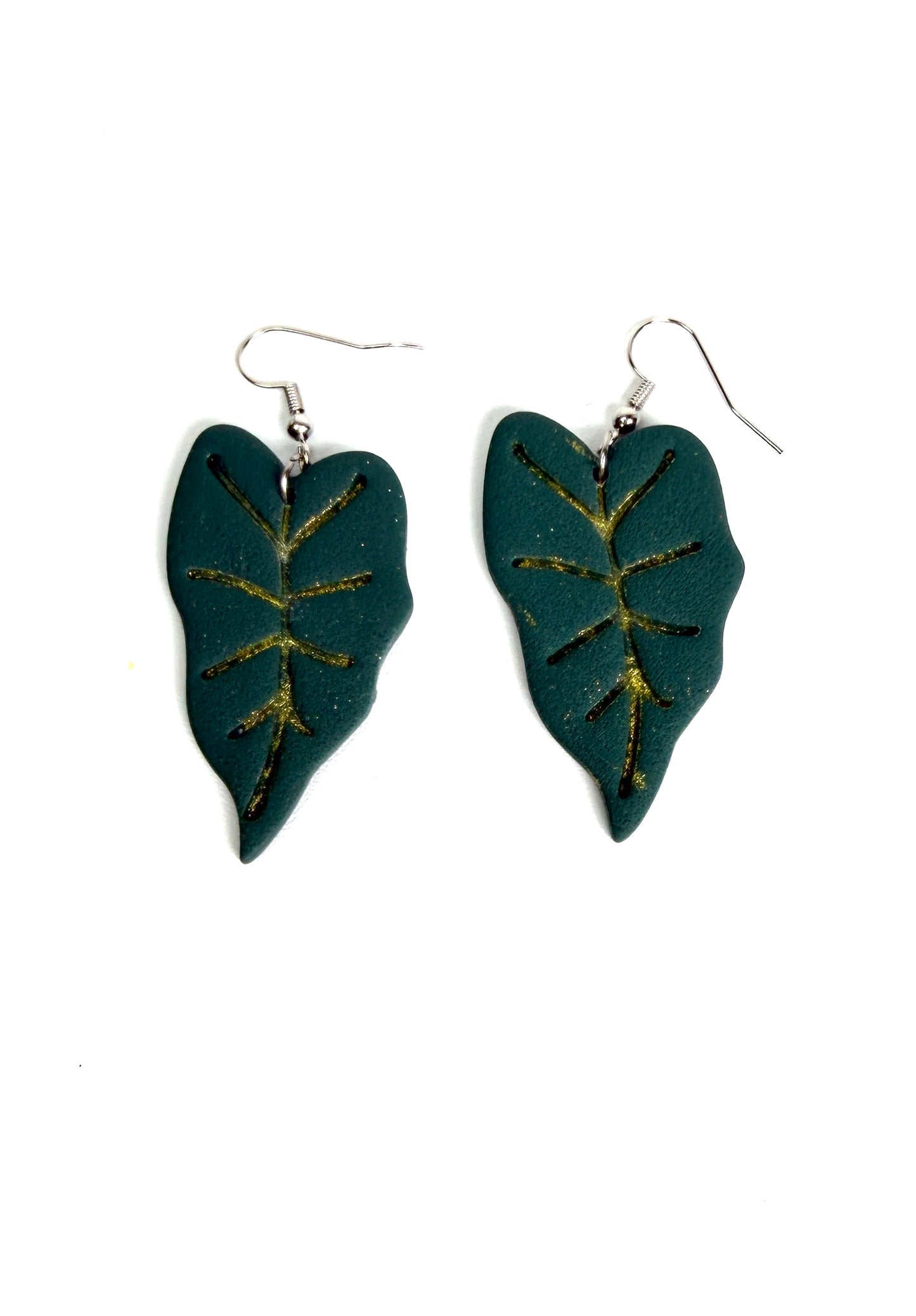Emerald Leaf Dangle Earrings | Gold Vein Detail | Handmade Polymer Clay | Lightweight | Hypoallergenic Jewelry
