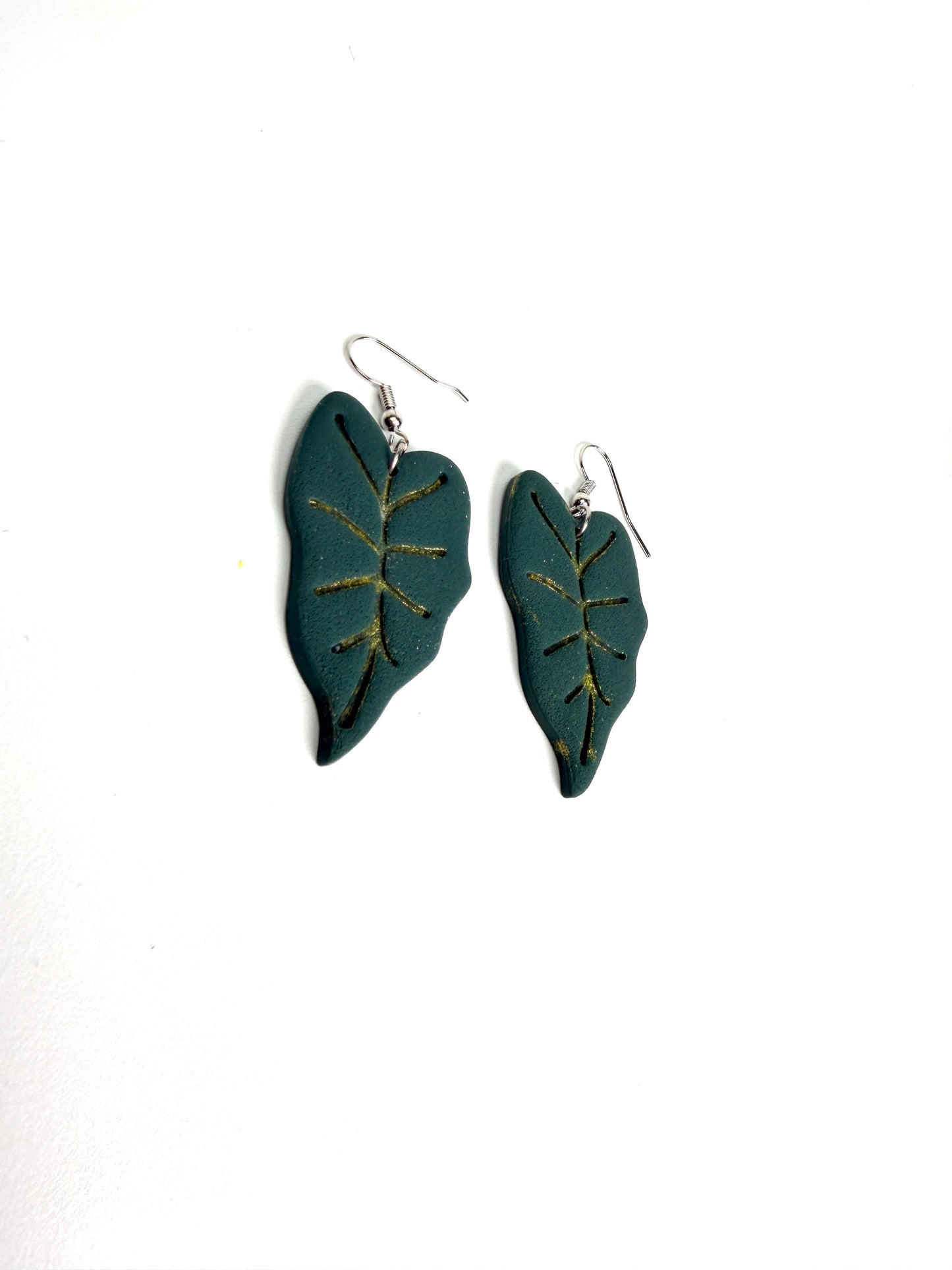 Emerald Leaf Dangle Earrings | Gold Vein Detail | Handmade Polymer Clay | Lightweight | Hypoallergenic Jewelry