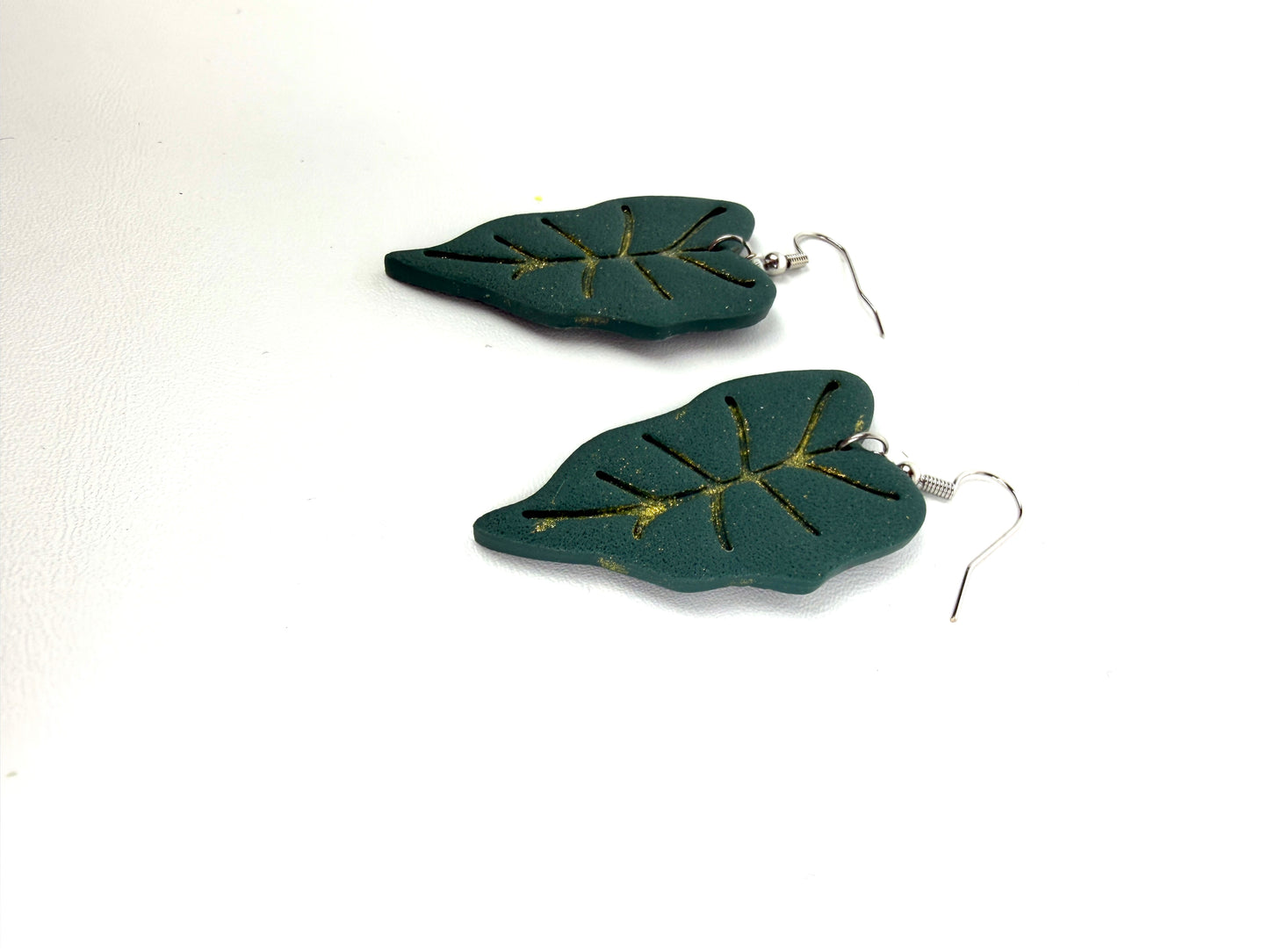 Emerald Leaf Dangle Earrings | Gold Vein Detail | Handmade Polymer Clay | Lightweight | Hypoallergenic Jewelry