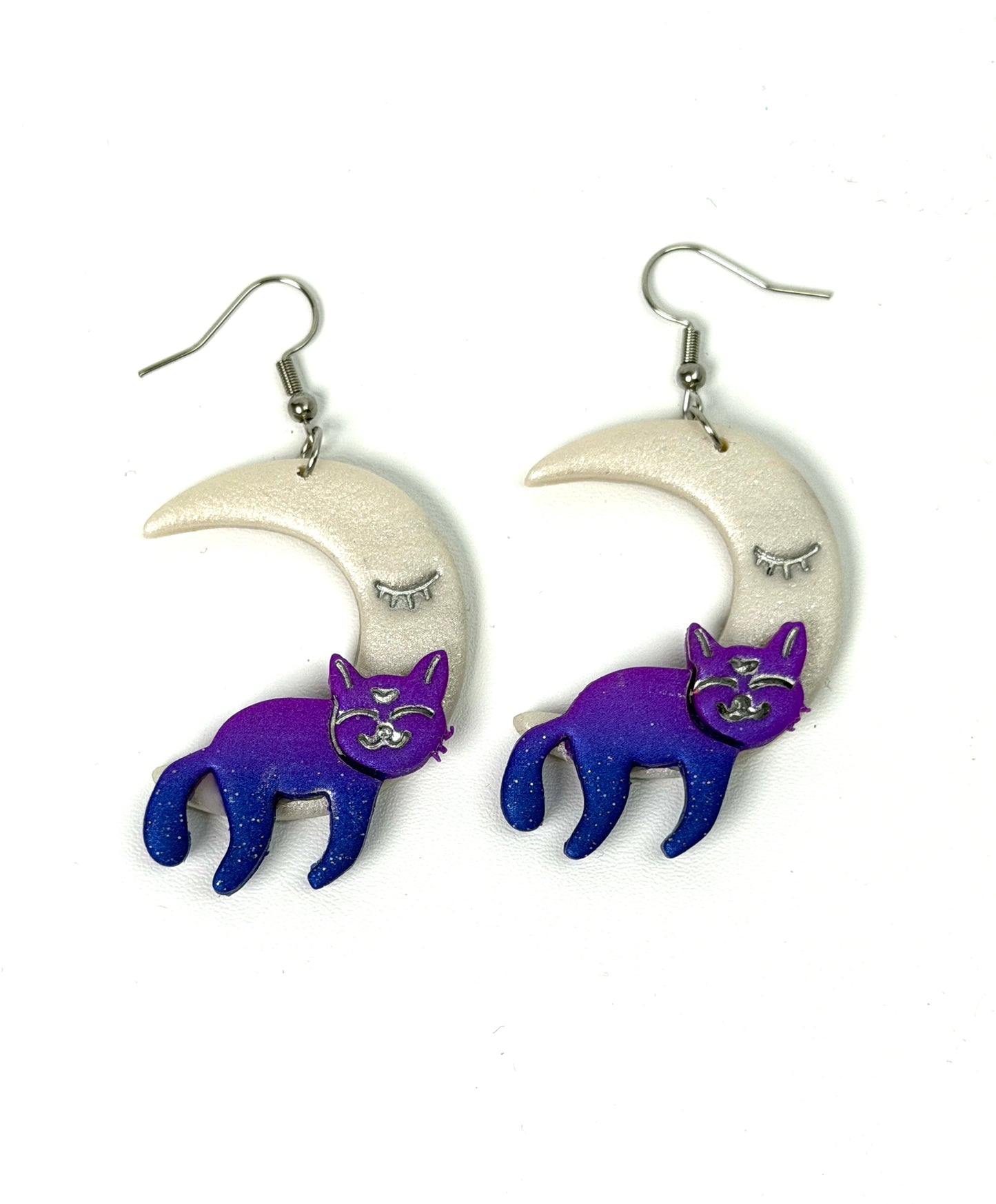 Enchanted Catnap | Cat Sleeping on Moon Polymer Clay Dangle Earrings