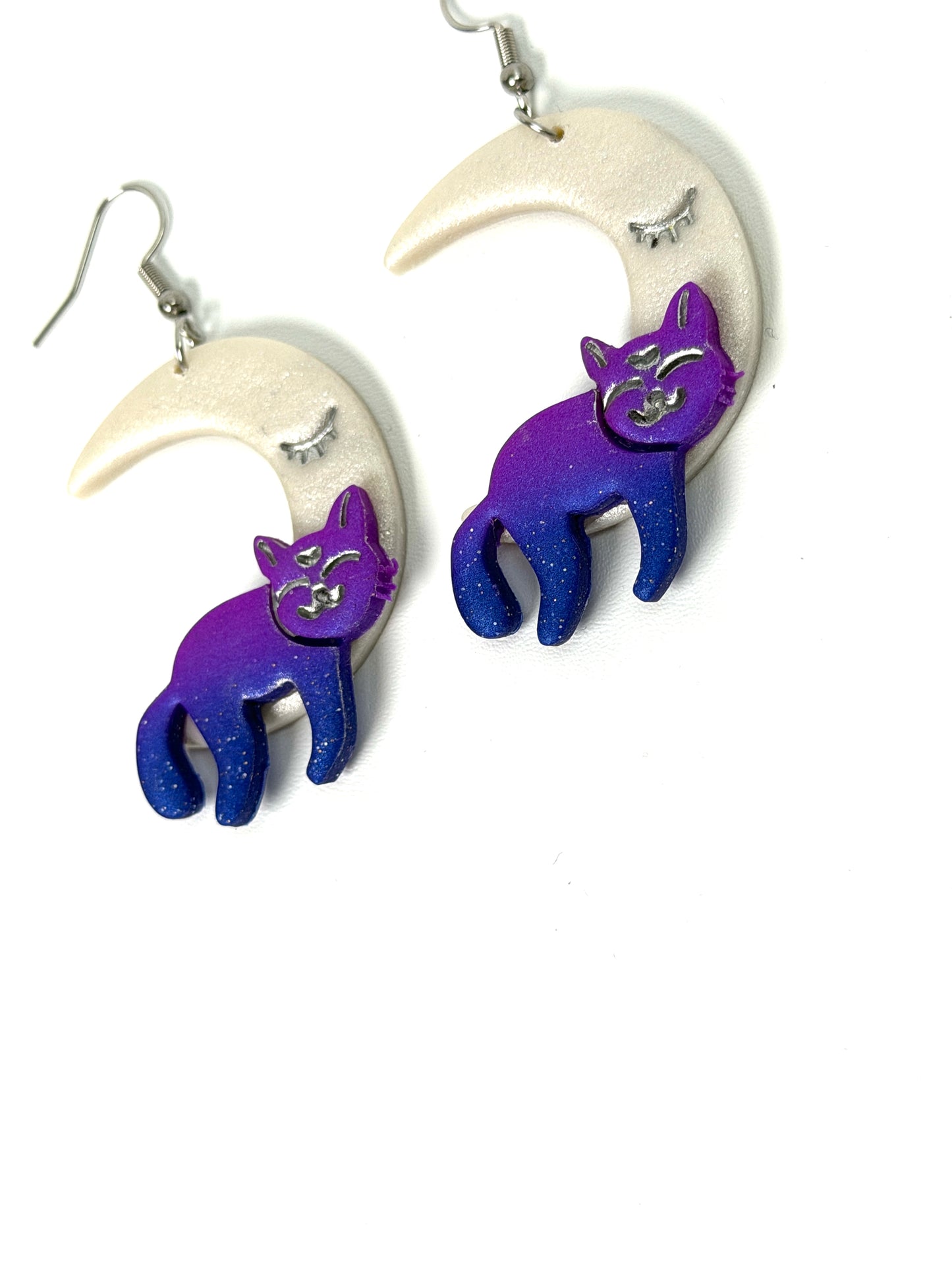 Enchanted Catnap | Cat Sleeping on Moon Polymer Clay Dangle Earrings