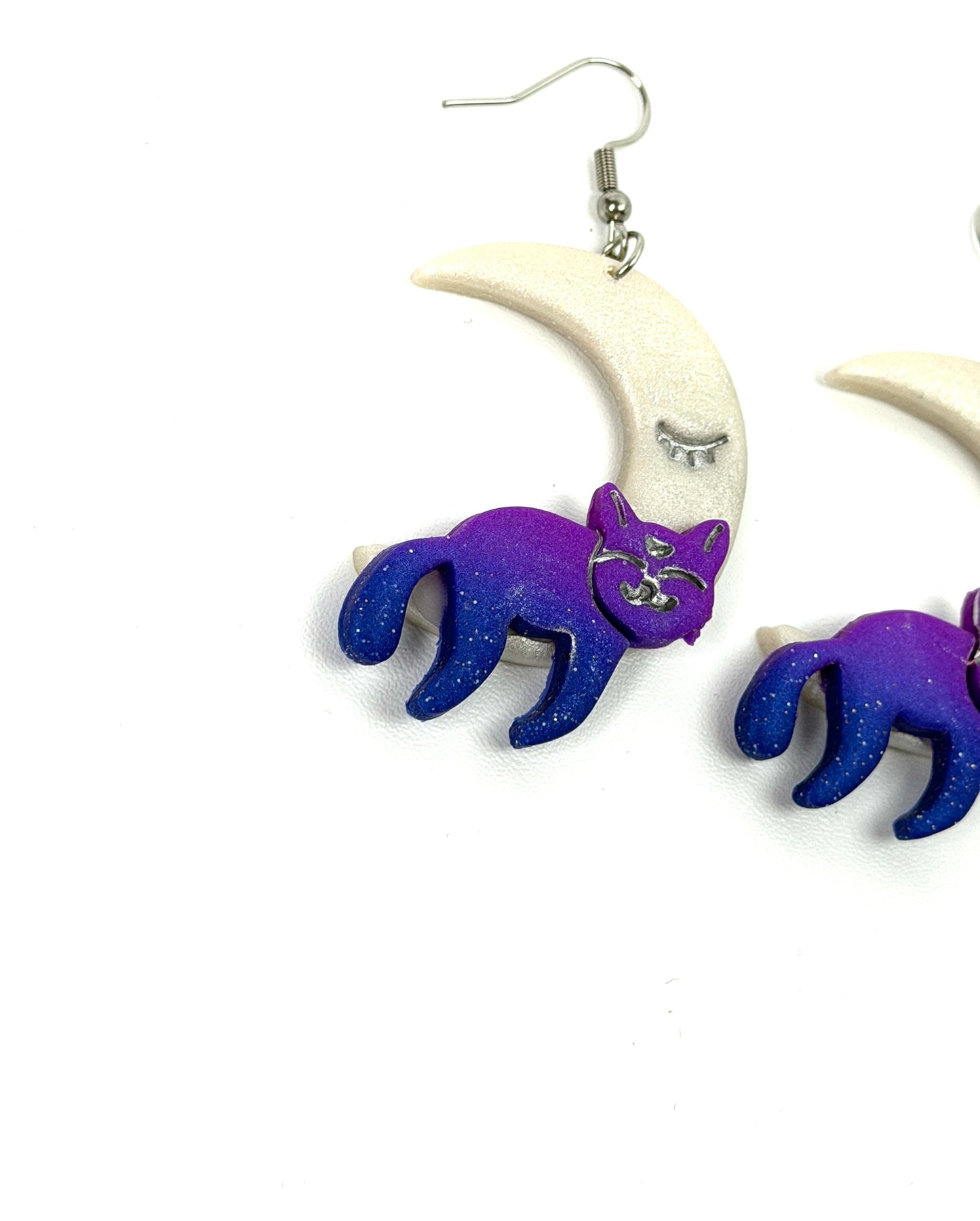 Enchanted Catnap | Cat Sleeping on Moon Polymer Clay Dangle Earrings
