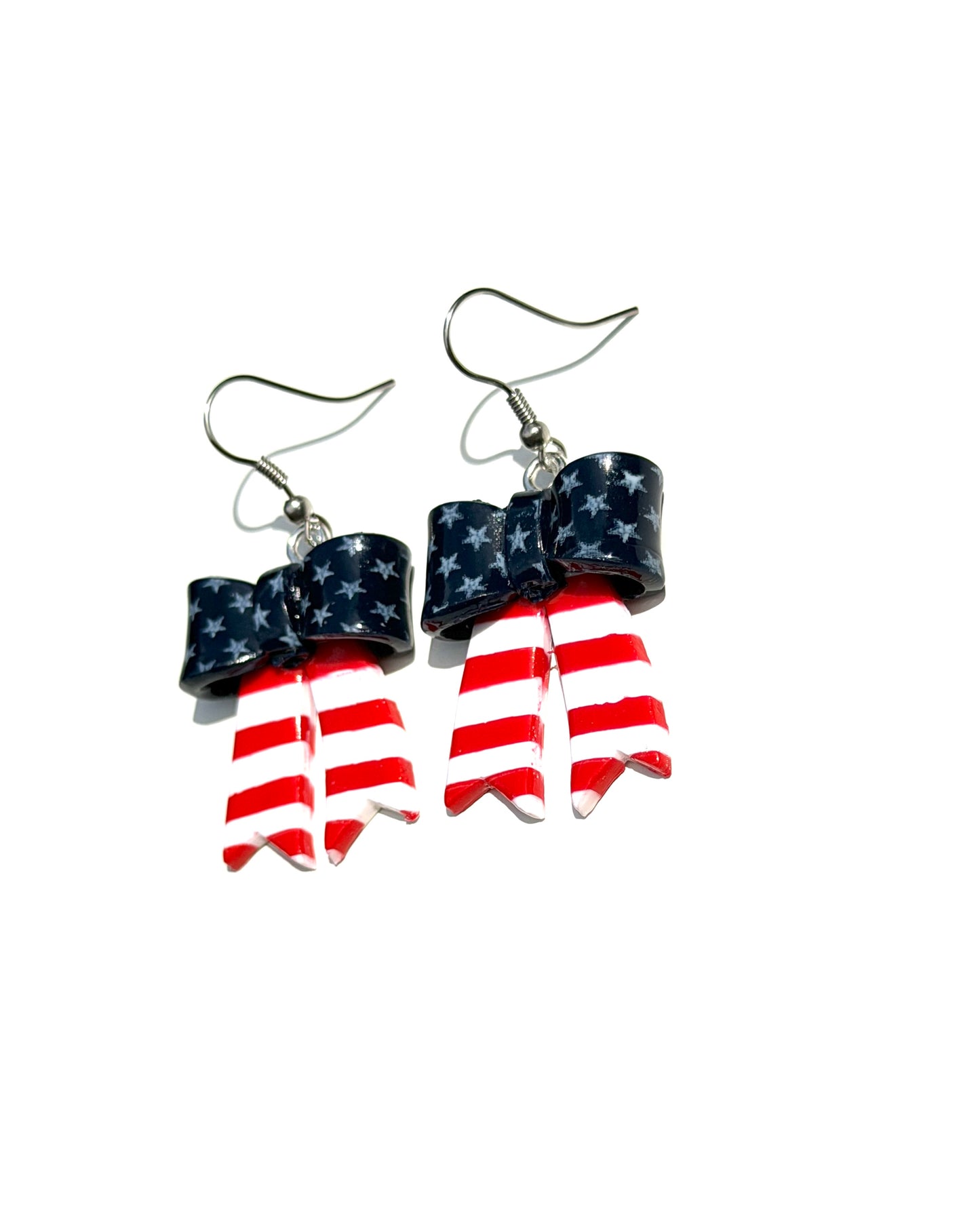 Patriotic Bow Earrings, 4th of July Earrings, American Flag Jewelry, Red White Blue Earrings, USA Clay Earrings, Handmade Holiday Earrings
