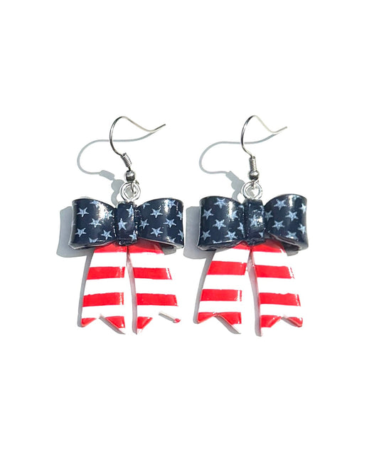 Patriotic Bow Earrings, 4th of July Earrings, American Flag Jewelry, Red White Blue Earrings, USA Clay Earrings, Handmade Holiday Earrings