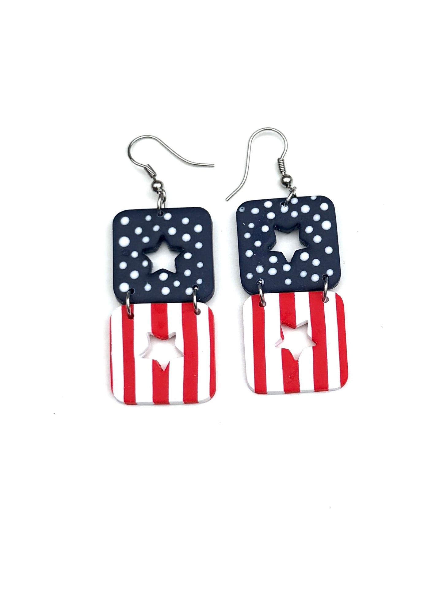 Star-Spangled Duo Cutout Dangles | Patriotic Star Cutout Earrings | Red White Blue Dangle Earrings | 4th of July Earrings | Americana Jewelry | Geometric Statement Earrings | Handmade Clay