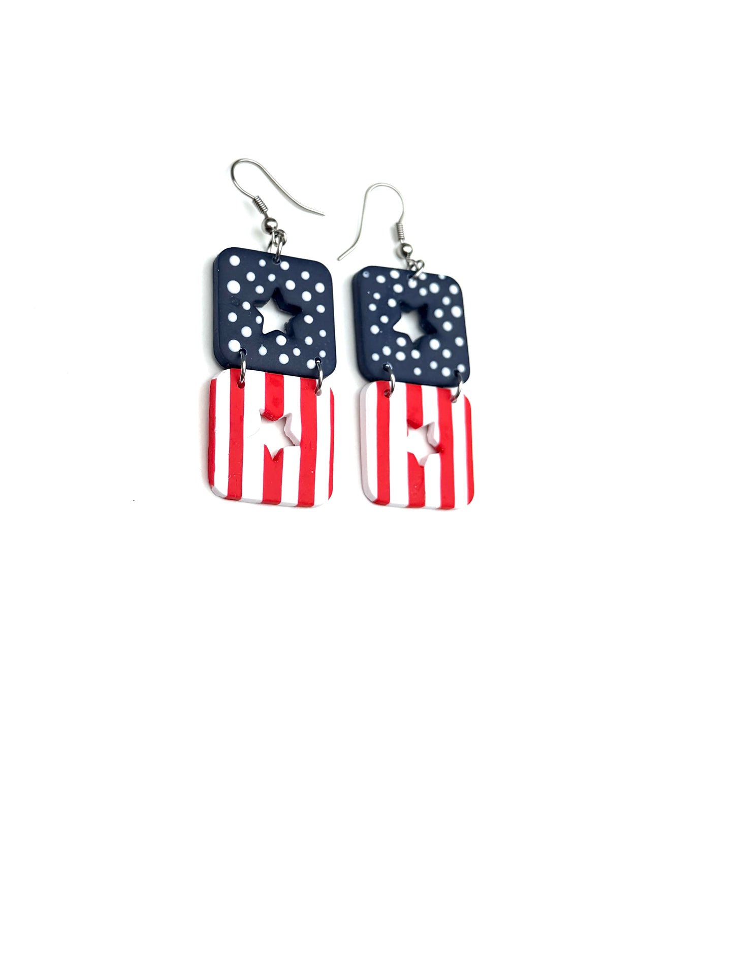 Star-Spangled Duo Cutout Dangles | Patriotic Star Cutout Earrings | Red White Blue Dangle Earrings | 4th of July Earrings | Americana Jewelry | Geometric Statement Earrings | Handmade Clay