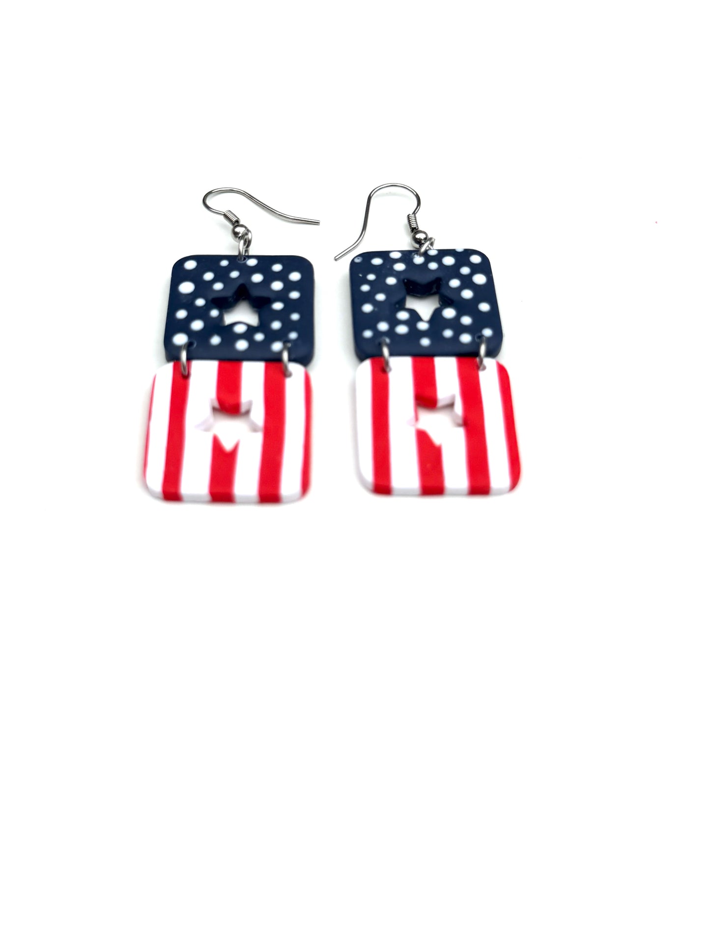 Star-Spangled Duo Cutout Dangles | Patriotic Star Cutout Earrings | Red White Blue Dangle Earrings | 4th of July Earrings | Americana Jewelry | Geometric Statement Earrings | Handmade Clay