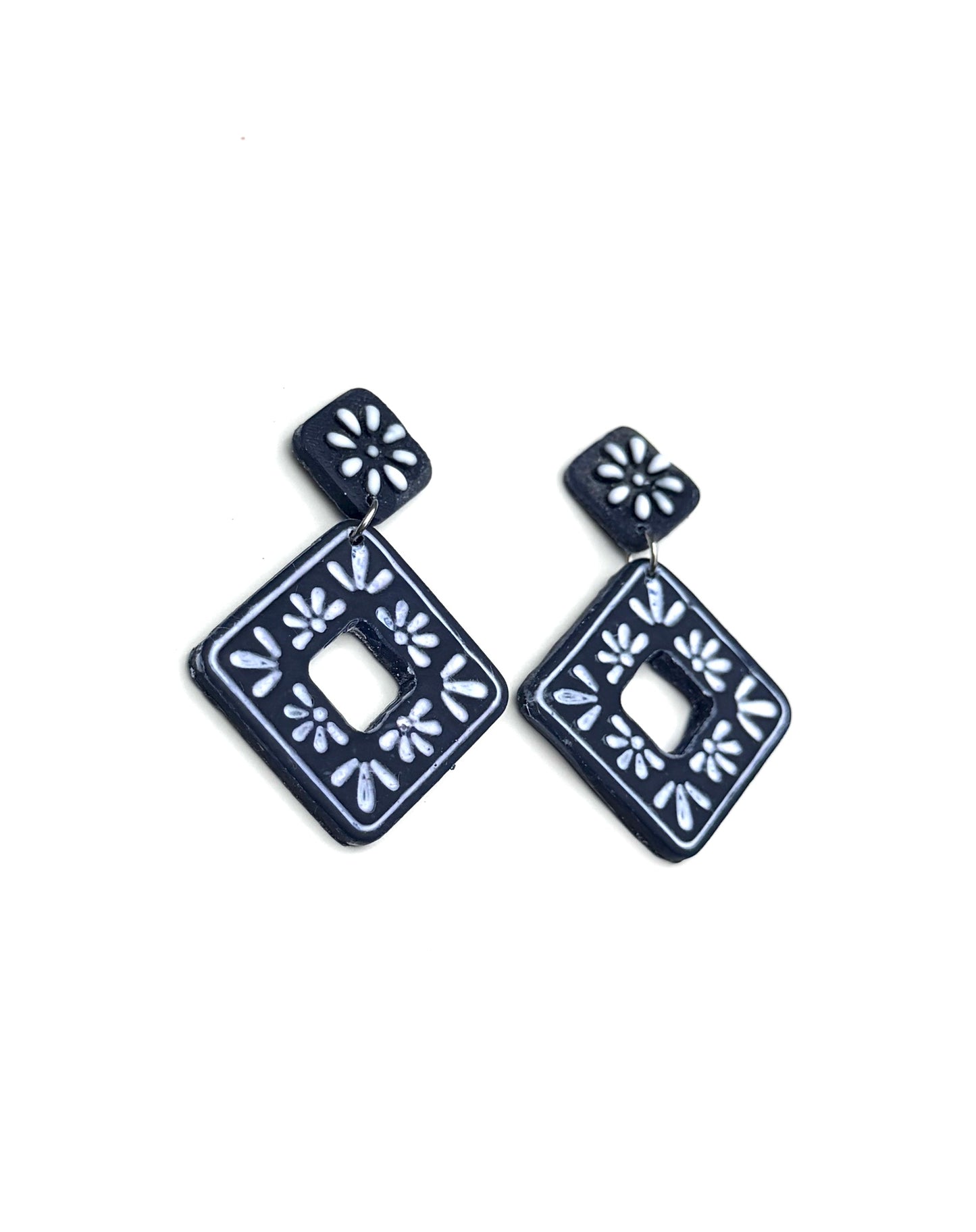 Black Floral Dangle Earrings | Boho Geometric Earrings | Minimalist Statement Earrings | Hand Painted Clay Earrings | Lightweight Everyday Jewelry