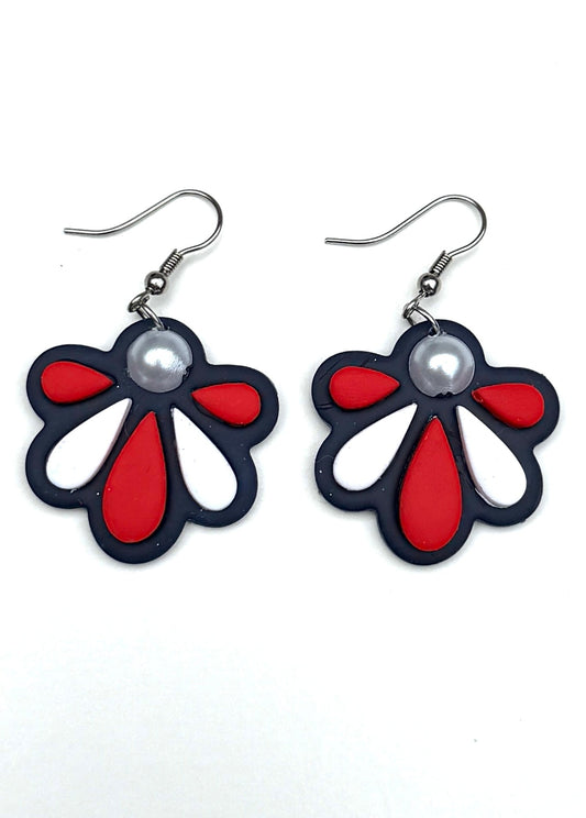 Patriotic Flower Earrings | Red White Blue Dangle Earrings | Retro Floral Earrings | 4th of July Jewelry | Statement Clay Earrings | Handmade