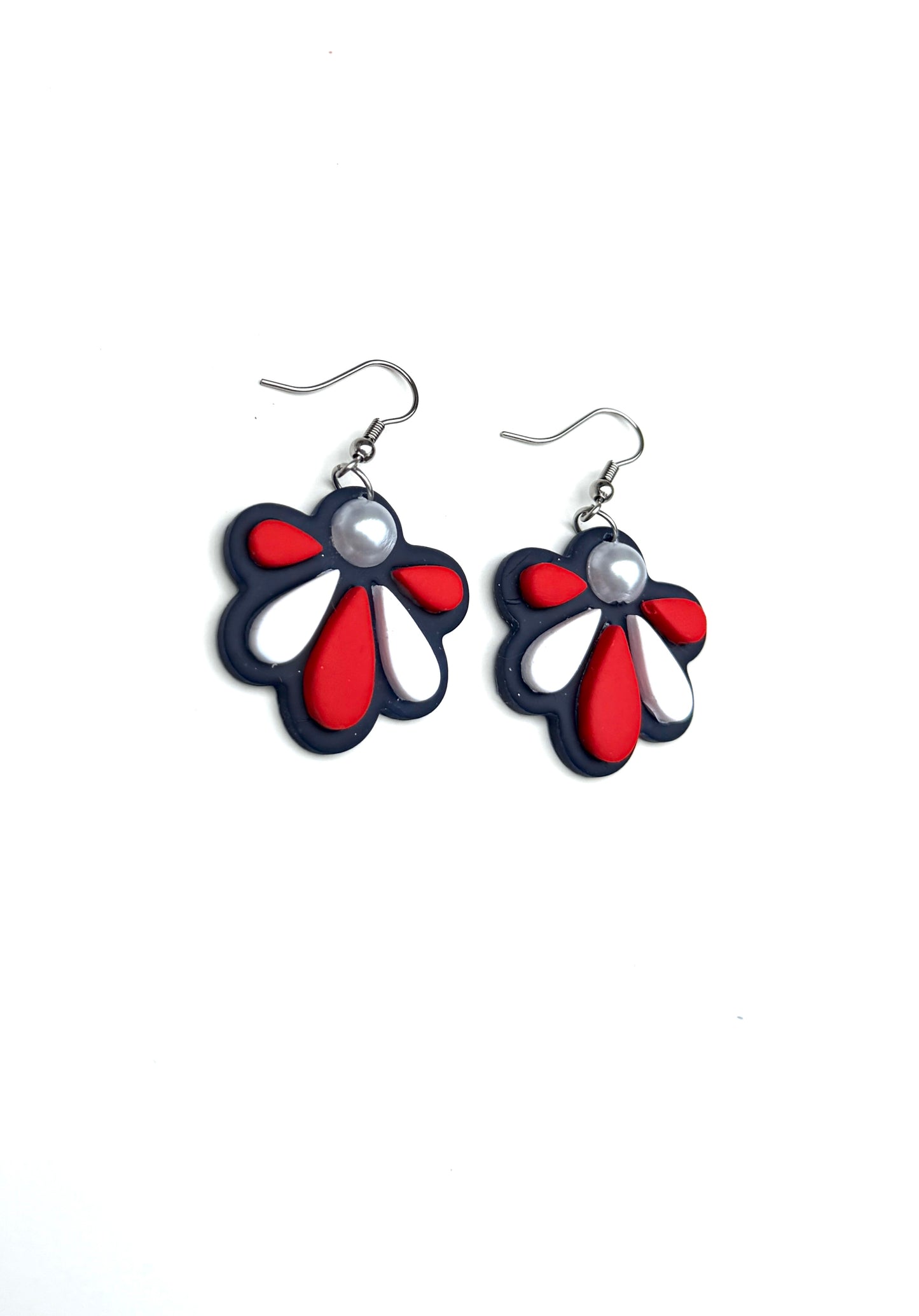 Patriotic Flower Earrings | Red White Blue Dangle Earrings | Retro Floral Earrings | 4th of July Jewelry | Statement Clay Earrings | Handmade
