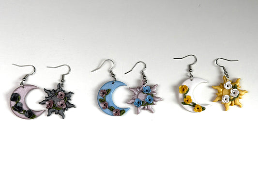Celestial Sun & Moon Polymer Clay Earrings | Handmade Mismatched Dangle Earrings | Cottagecore Jewelry | Whimsical Floral Earrings | Gift for Her