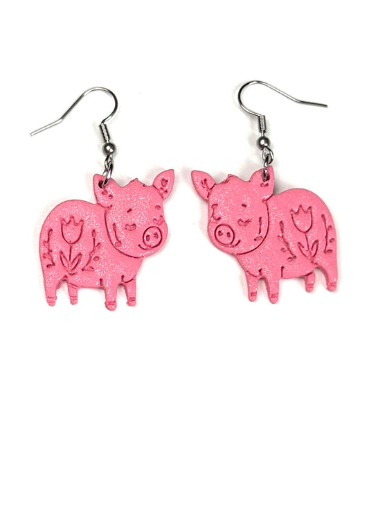 Garden Pig Earrings, Floral Pig Dangle Earrings, Cottagecore Pig Jewelry, Farm Animal Earrings, Handmade Pig Lover Gift, Spring Jewelry