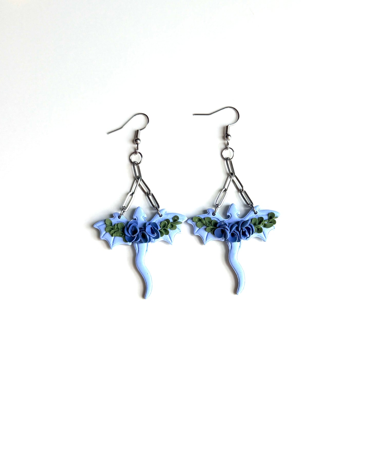 Floral Dragon Dangle Earrings | Blue Fantasy Dragon Jewelry | Polymer Clay Fantasy Earrings | Handmade Witchy Statement Earrings