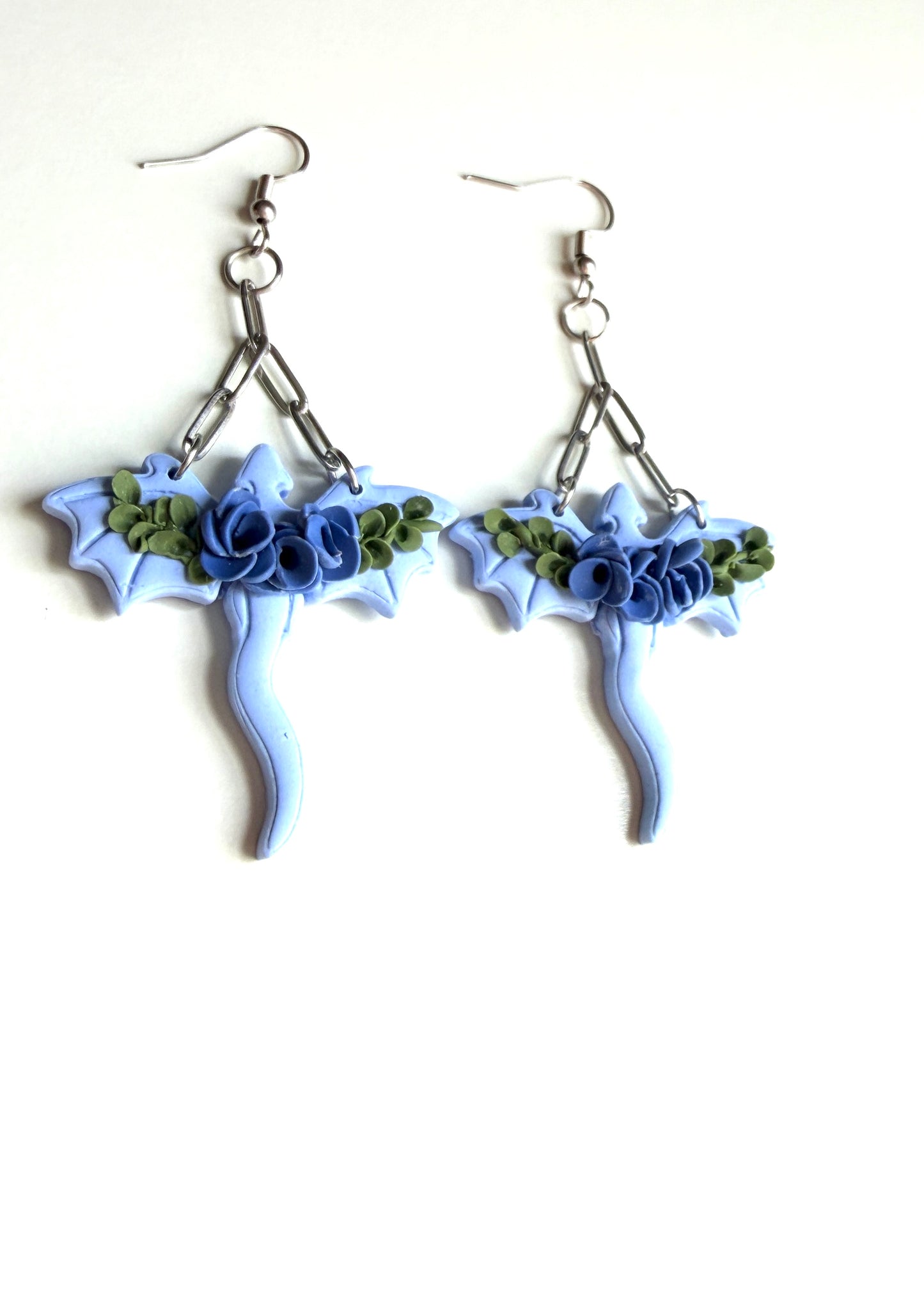 Floral Dragon Dangle Earrings | Blue Fantasy Dragon Jewelry | Polymer Clay Fantasy Earrings | Handmade Witchy Statement Earrings