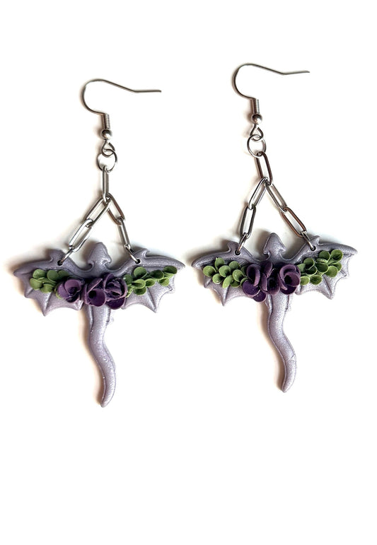 Purple Floral Dragon Clay Dangle Earrings