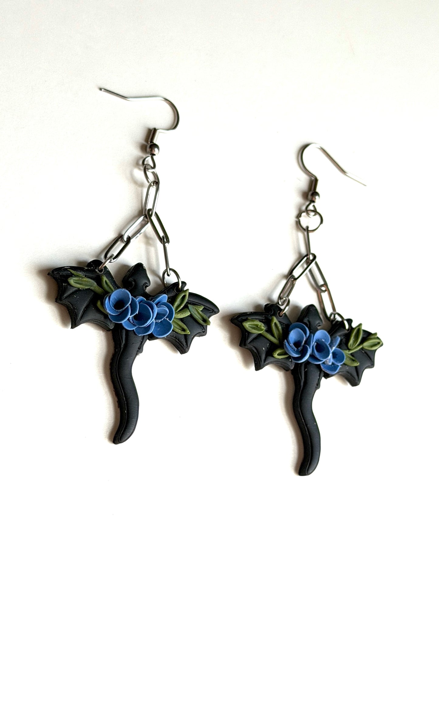 Black Floral Dragon Earrings | Blue Rose Dragon Dangles | Fantasy Polymer Clay Jewelry | Gothic Witchy Statement Earrings Handmade