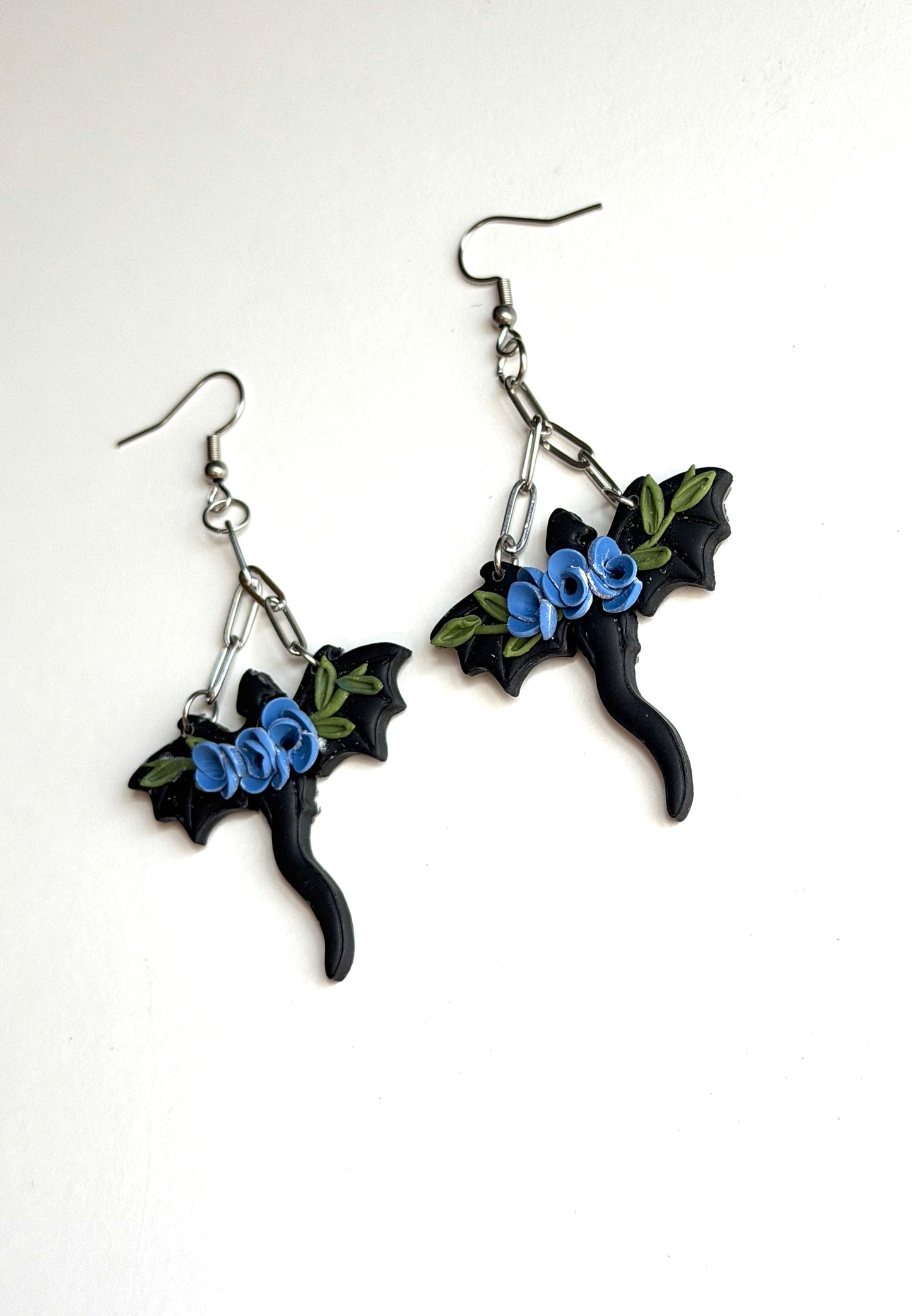 Black Floral Dragon Earrings | Blue Rose Dragon Dangles | Fantasy Polymer Clay Jewelry | Gothic Witchy Statement Earrings Handmade