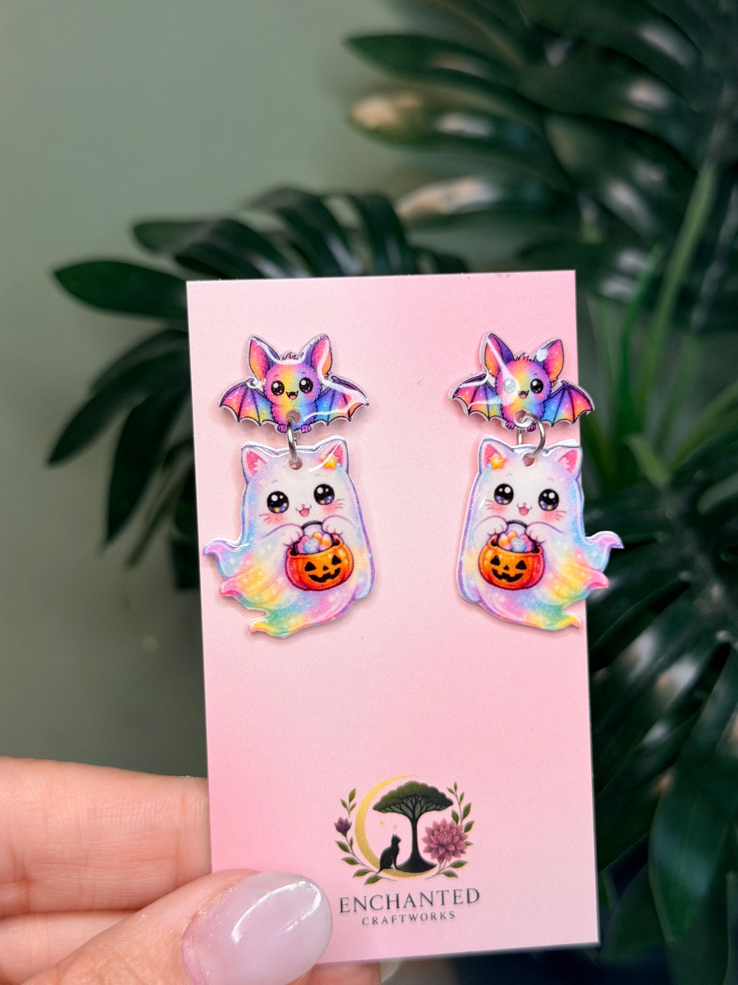 Ghost Cat Halloween Dangle Earrings, Pastel Rainbow Kawaii Bat Studs, Cute Resin Sealed Lightweight Spooky Jewelry